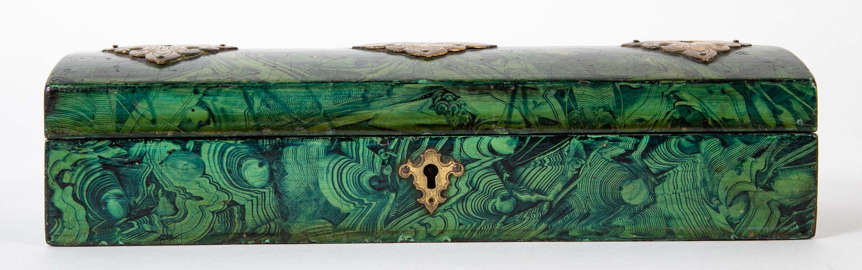 Late 19th Century Faux Malachite Painted Box with Brass Mounts