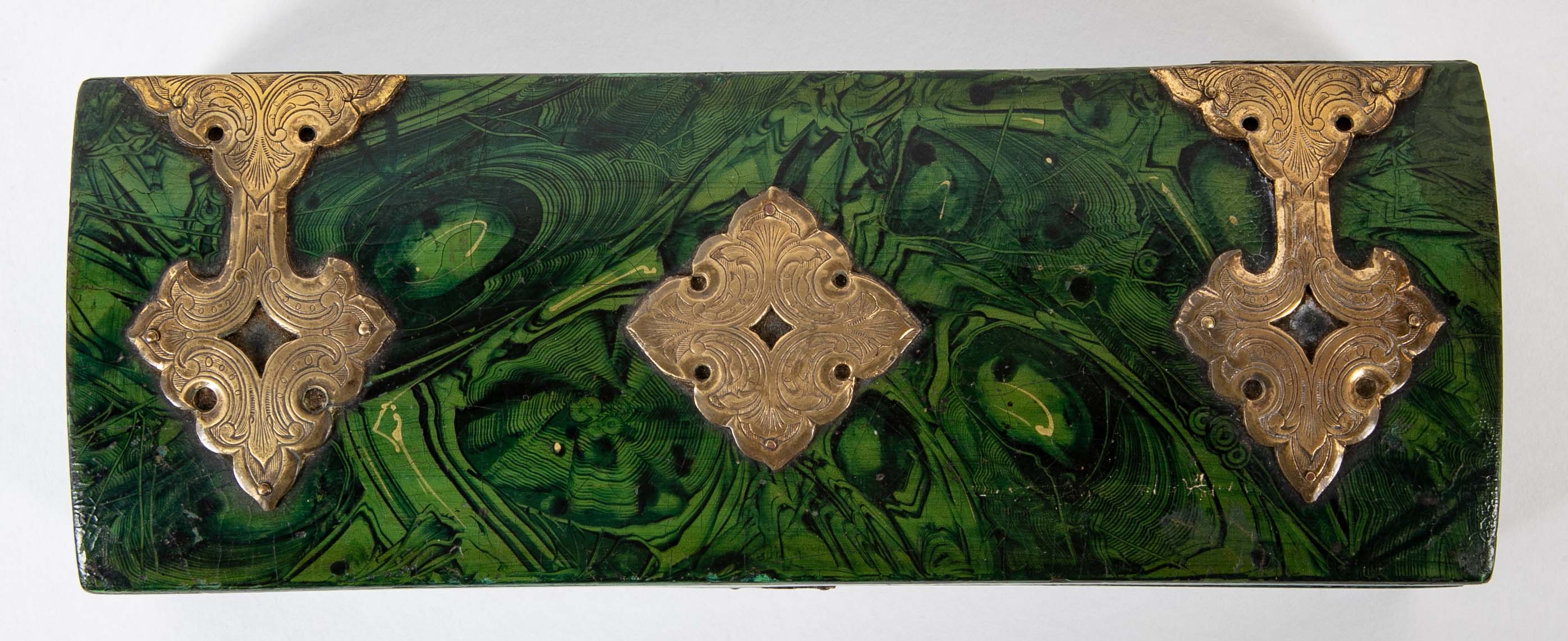 Late 19th Century Faux Malachite Painted Box with Brass Mounts