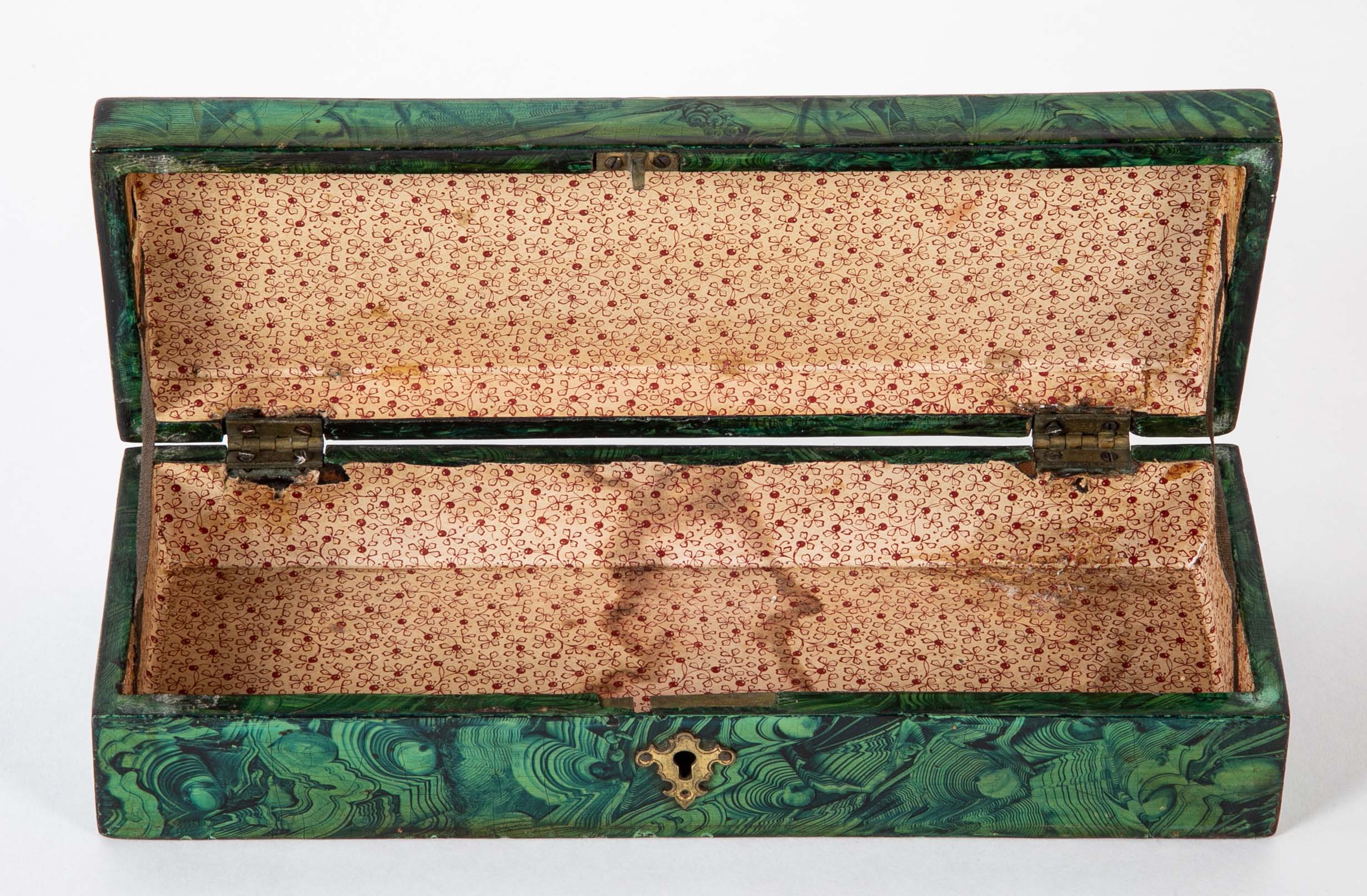 Late 19th Century Faux Malachite Painted Box with Brass Mounts