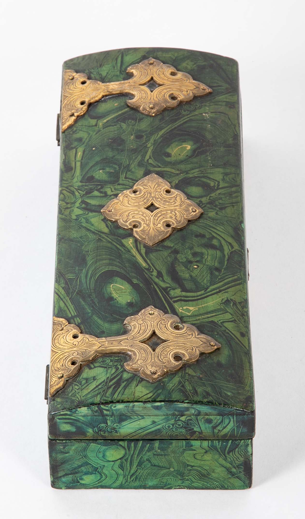 Late 19th Century Faux Malachite Painted Box with Brass Mounts