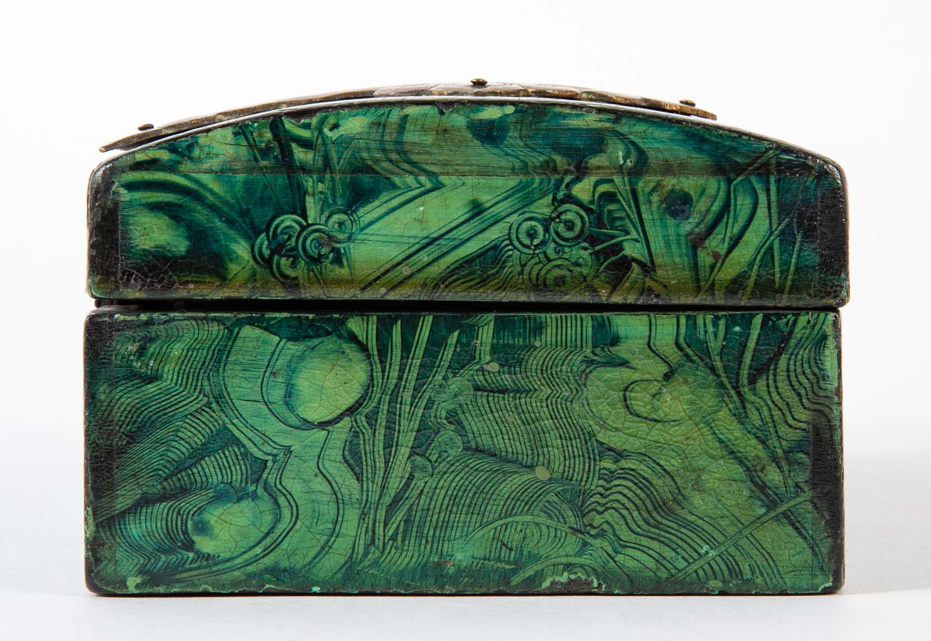 Late 19th Century Faux Malachite Painted Box with Brass Mounts