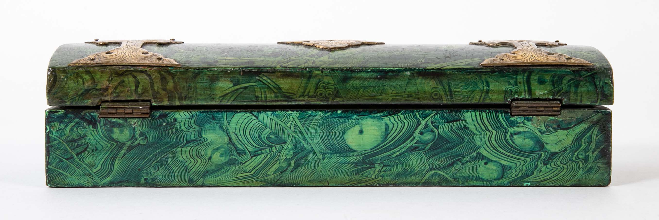 Late 19th Century Faux Malachite Painted Box with Brass Mounts
