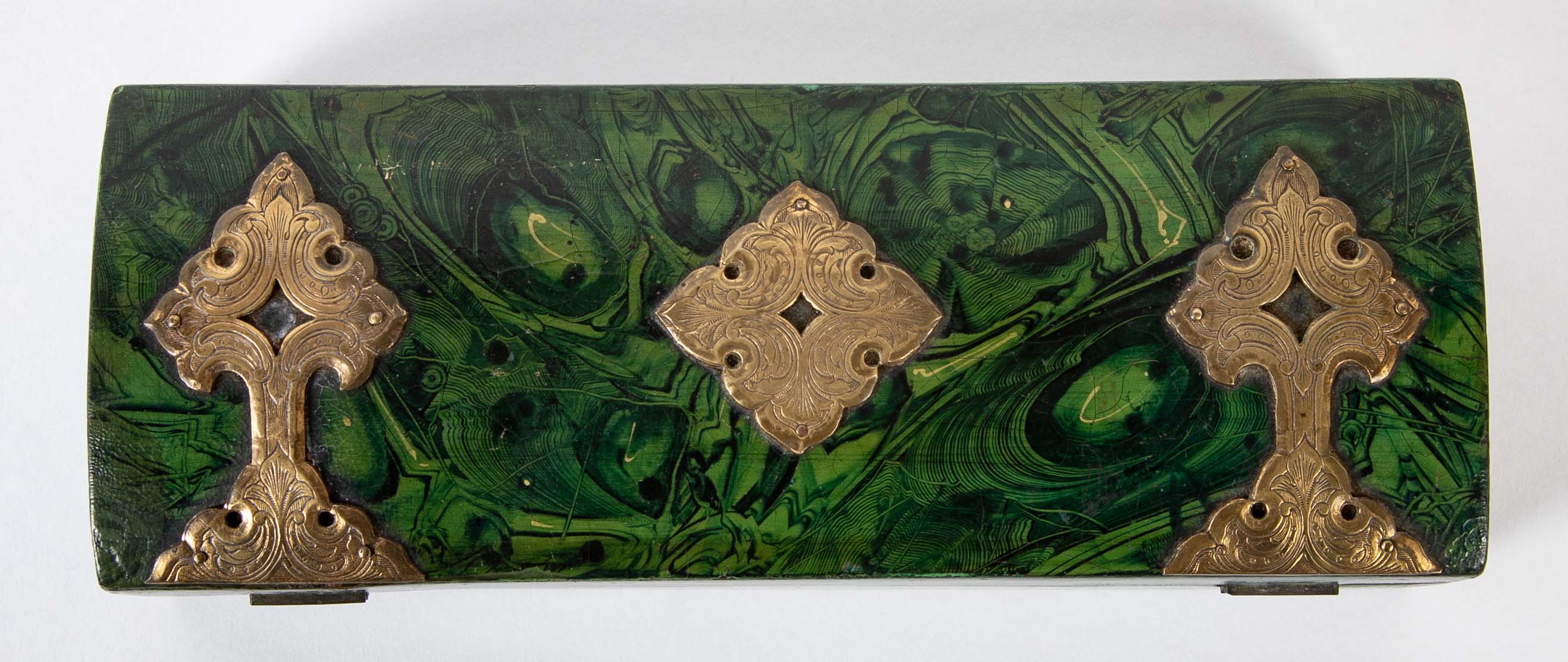 Late 19th Century Faux Malachite Painted Box with Brass Mounts