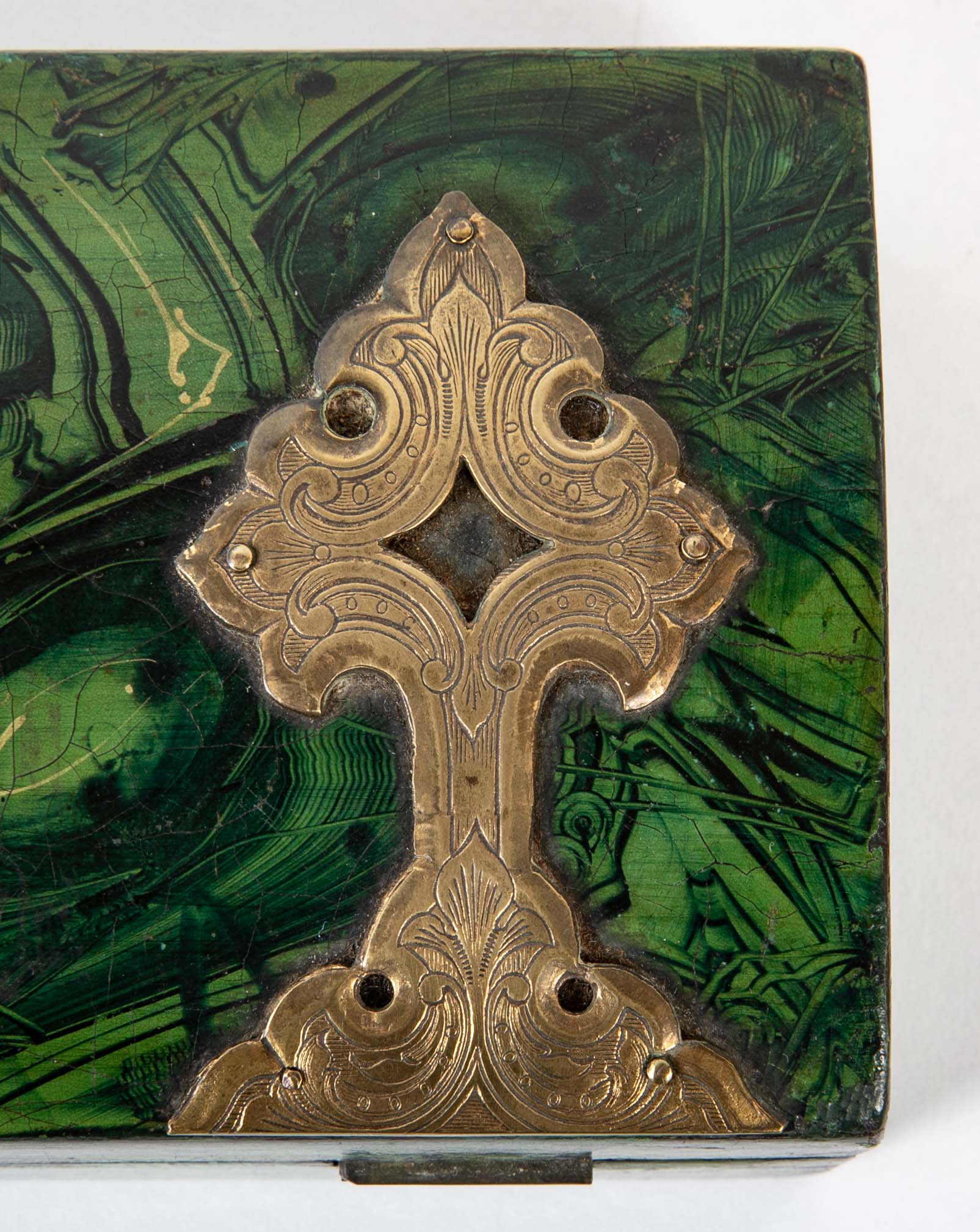 Late 19th Century Faux Malachite Painted Box with Brass Mounts