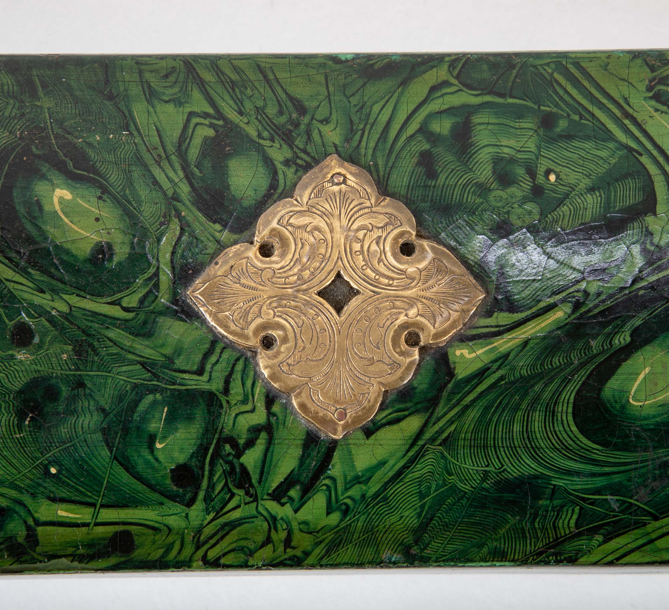 Late 19th Century Faux Malachite Painted Box with Brass Mounts