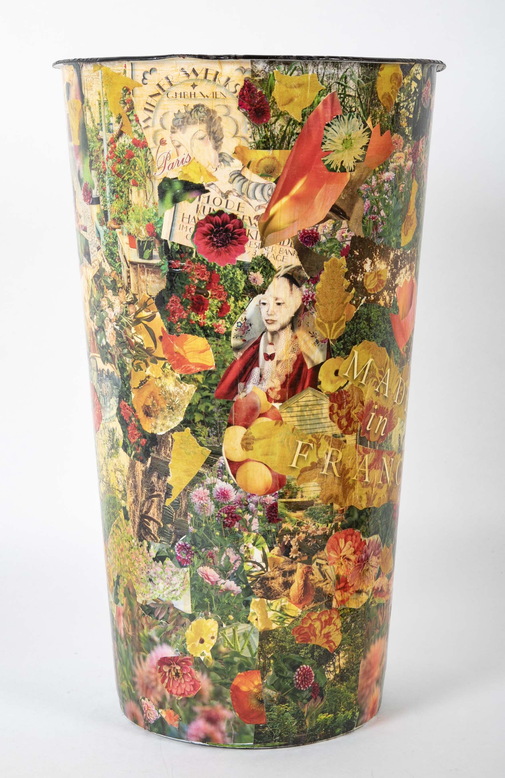 A French Enamel White Tin with Decoupage Decoration