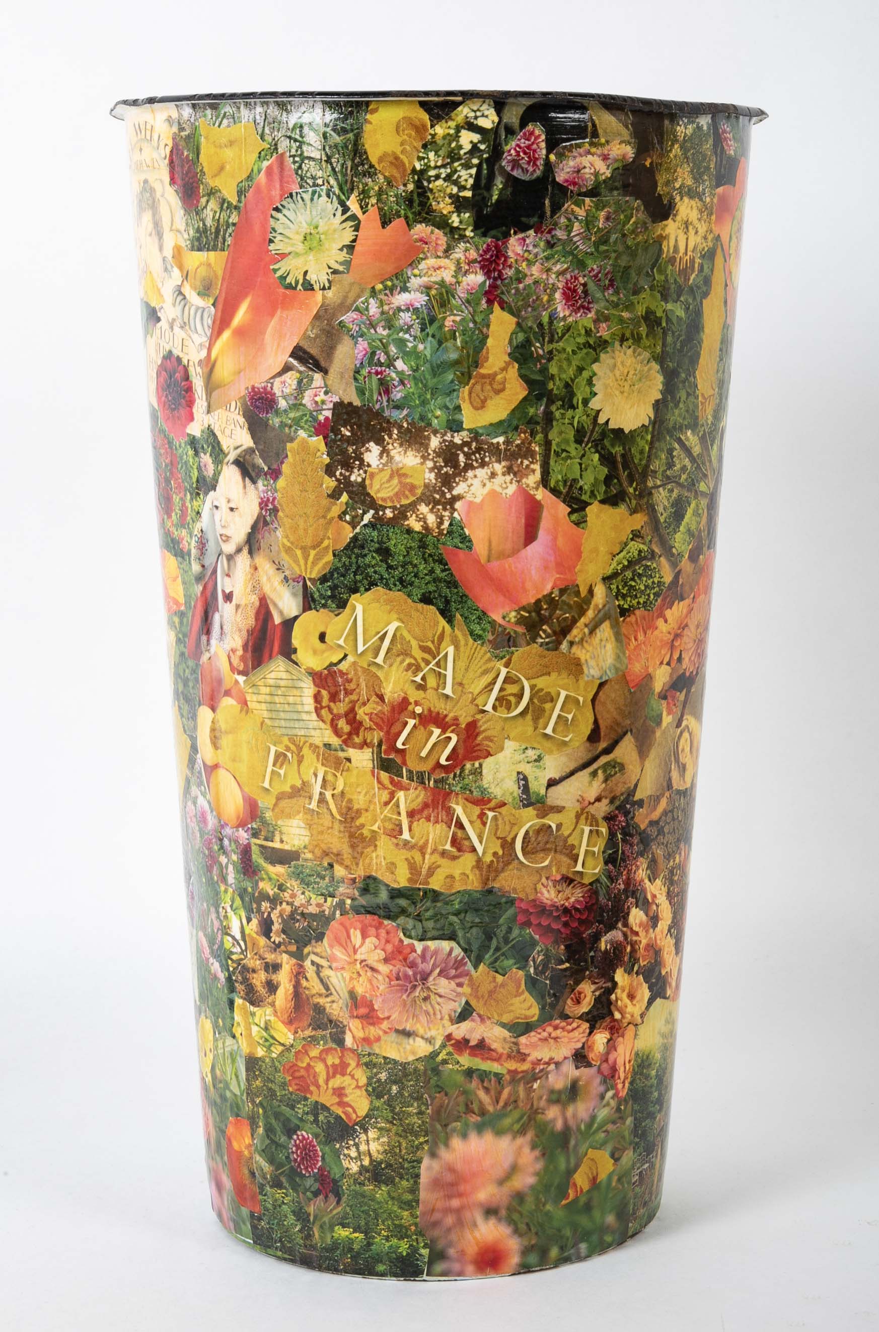 A French Enamel White Tin with Decoupage Decoration