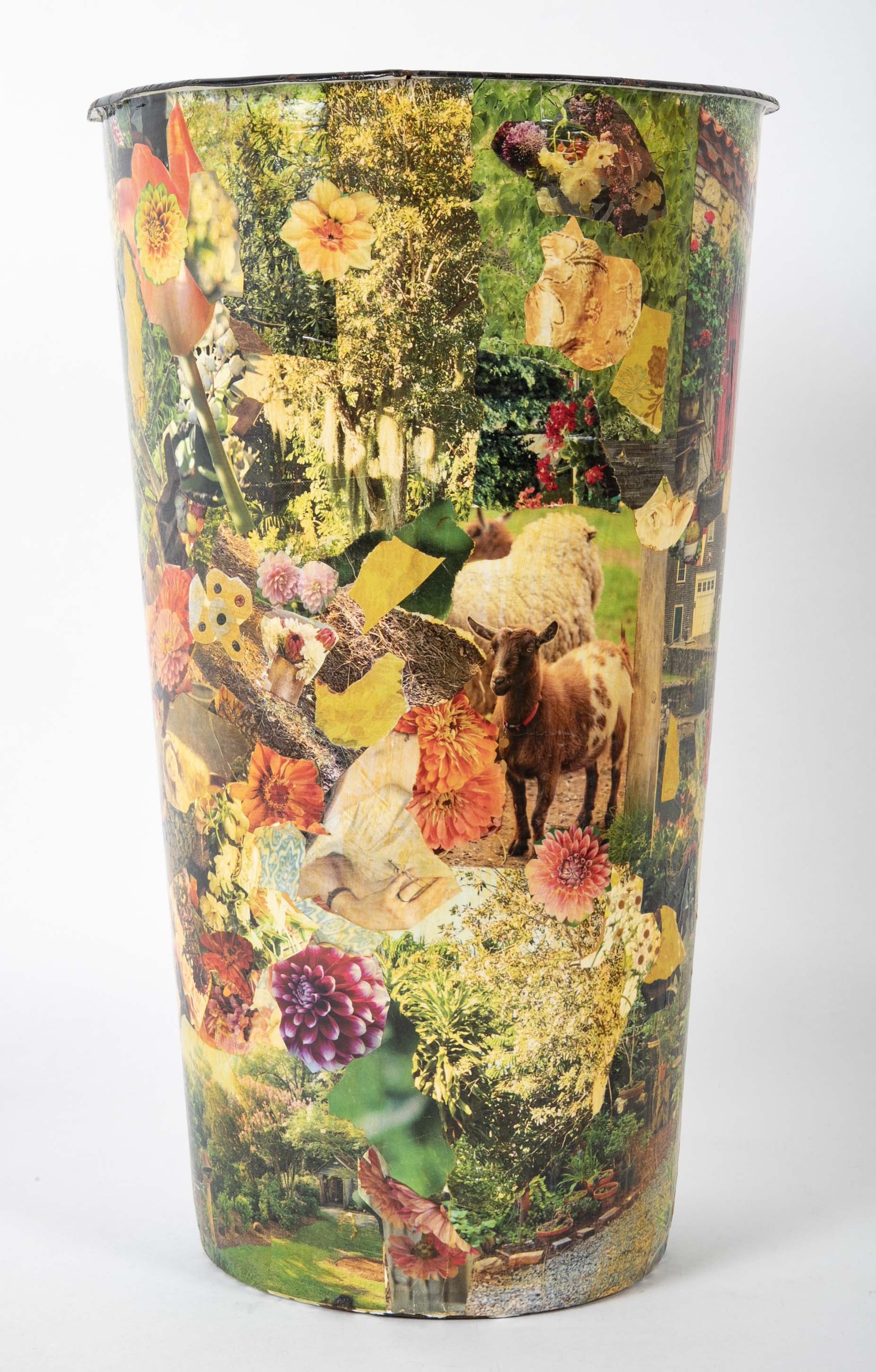 A French Enamel White Tin with Decoupage Decoration
