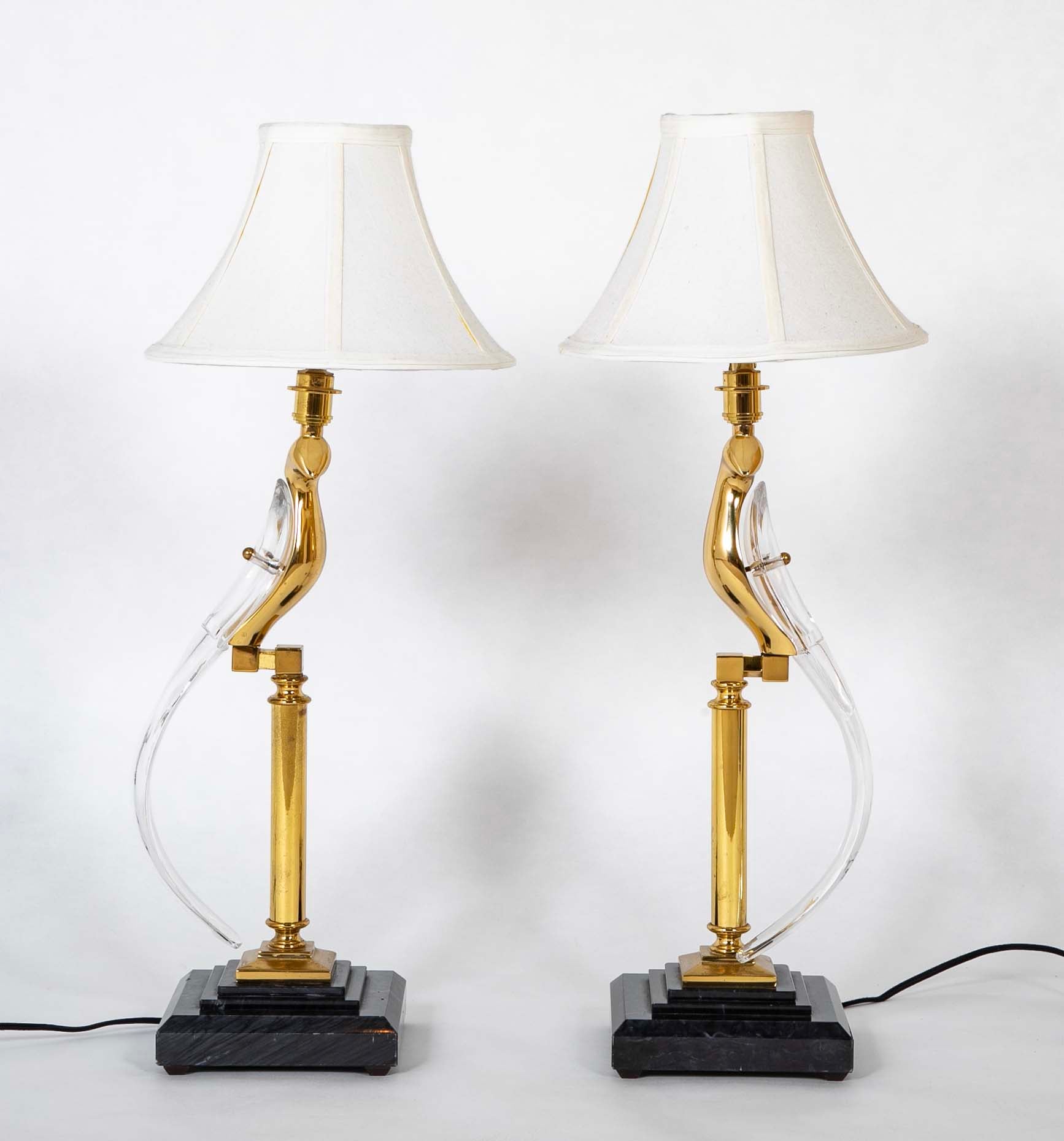 Very Unusual Murano Glass and Brass Lamps on Marble Bases