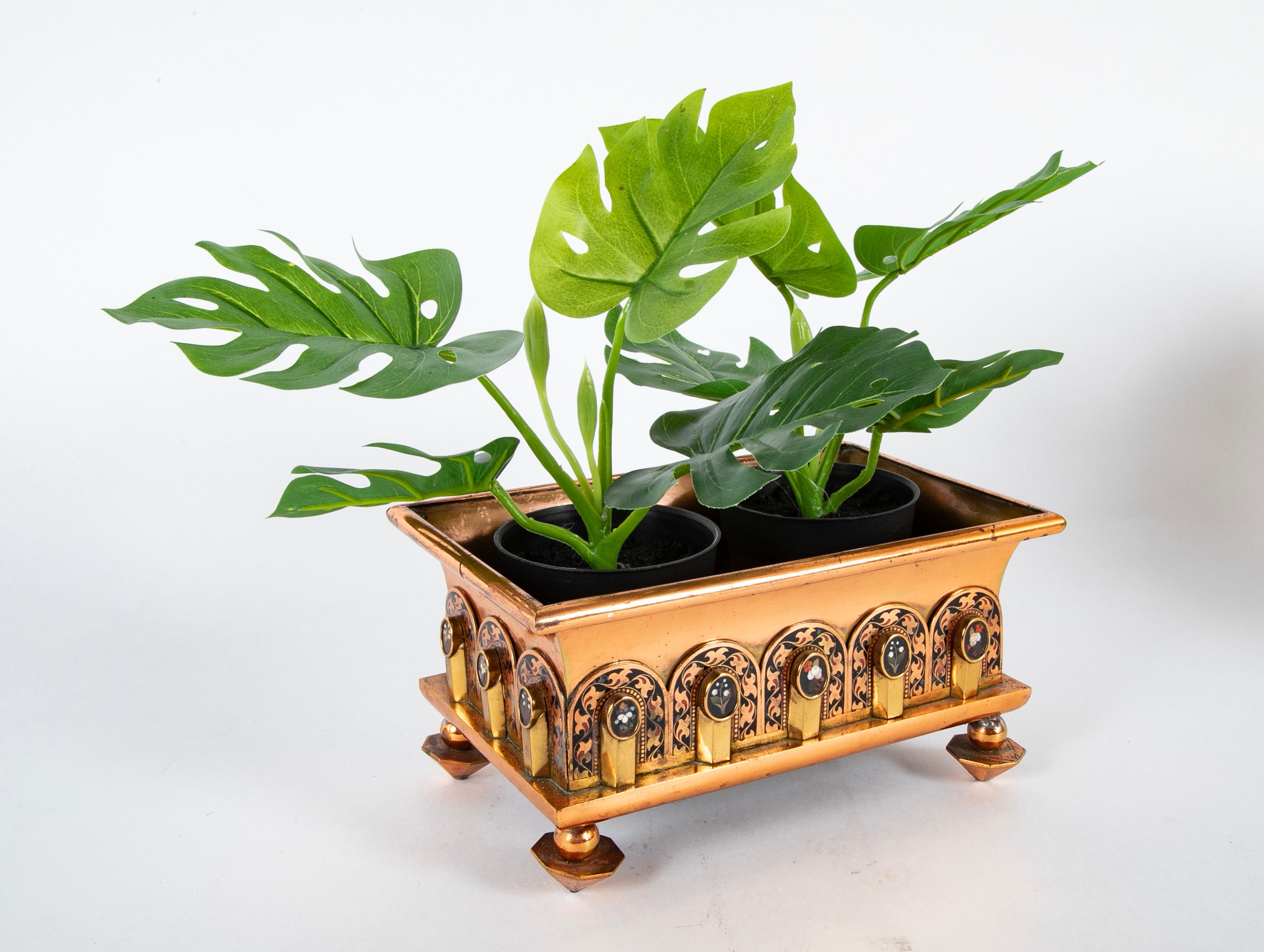 A Pair of Copper & Brass Cachepots with Pietra Dura Medallions