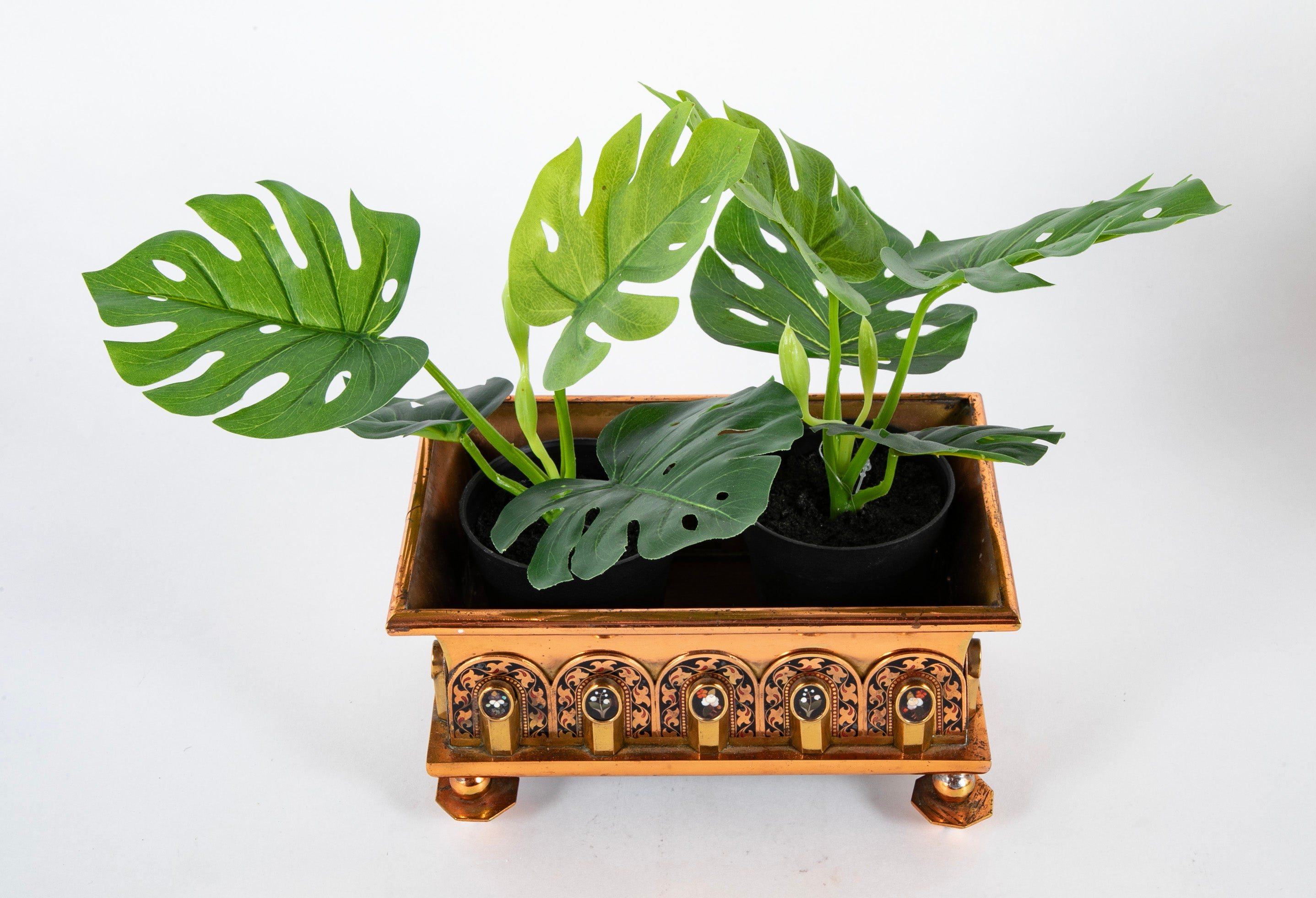 A Pair of Copper & Brass Cachepots with Pietra Dura Medallions