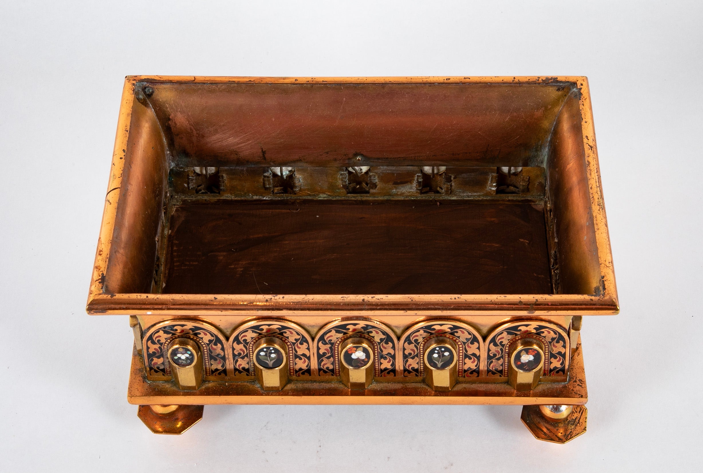 A Pair of Copper & Brass Cachepots with Pietra Dura Medallions