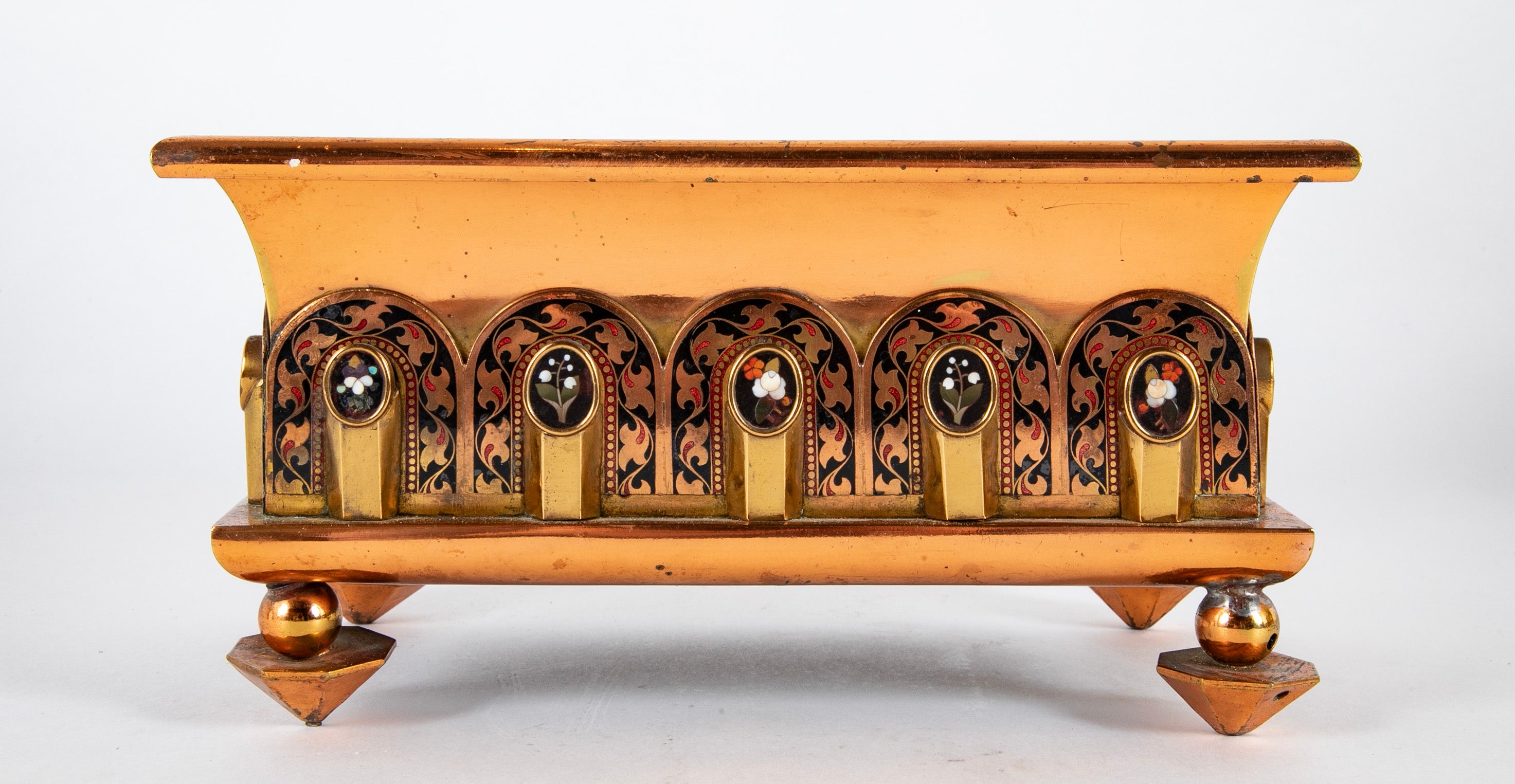 A Pair of Copper & Brass Cachepots with Pietra Dura Medallions