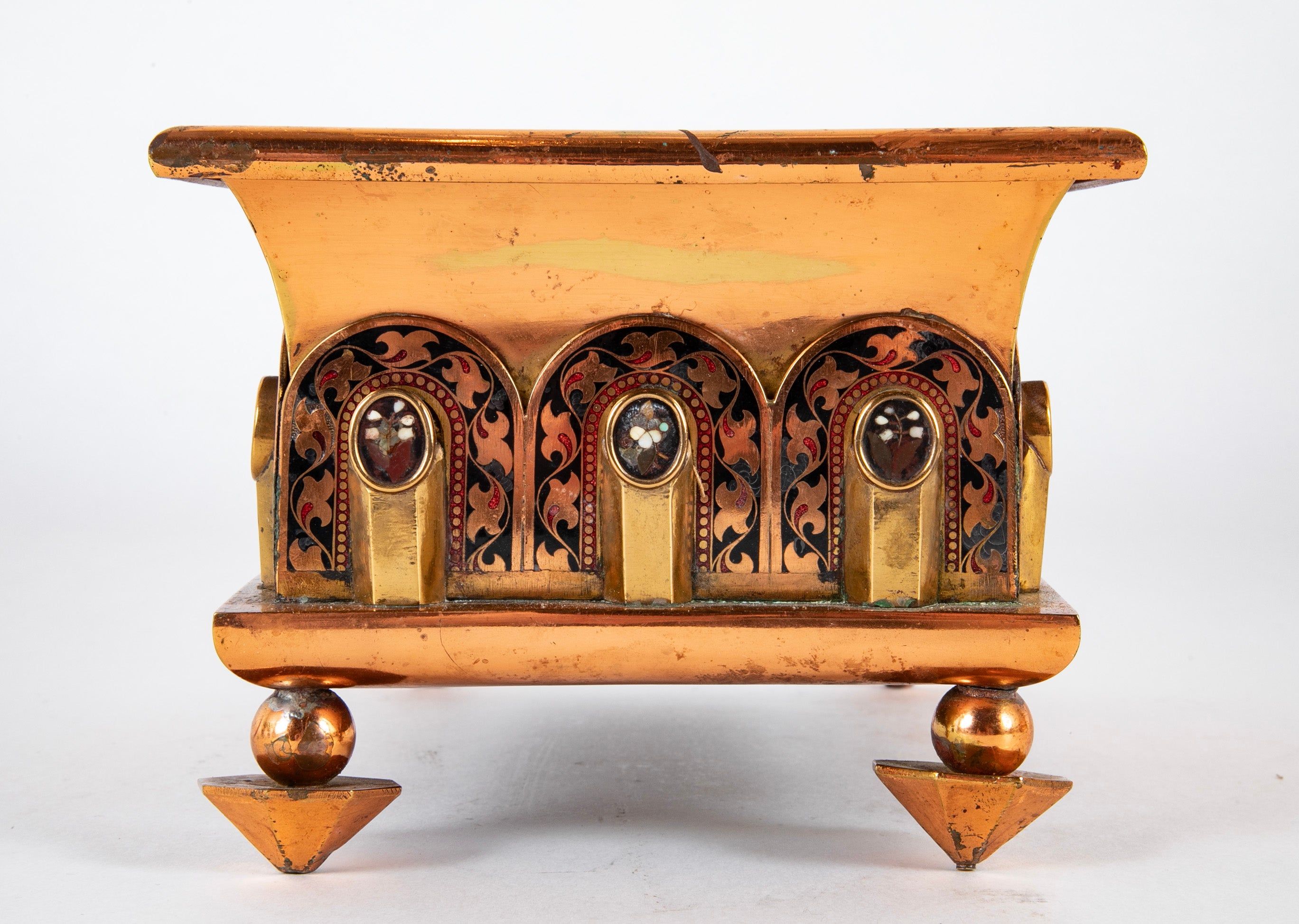 A Pair of Copper & Brass Cachepots with Pietra Dura Medallions