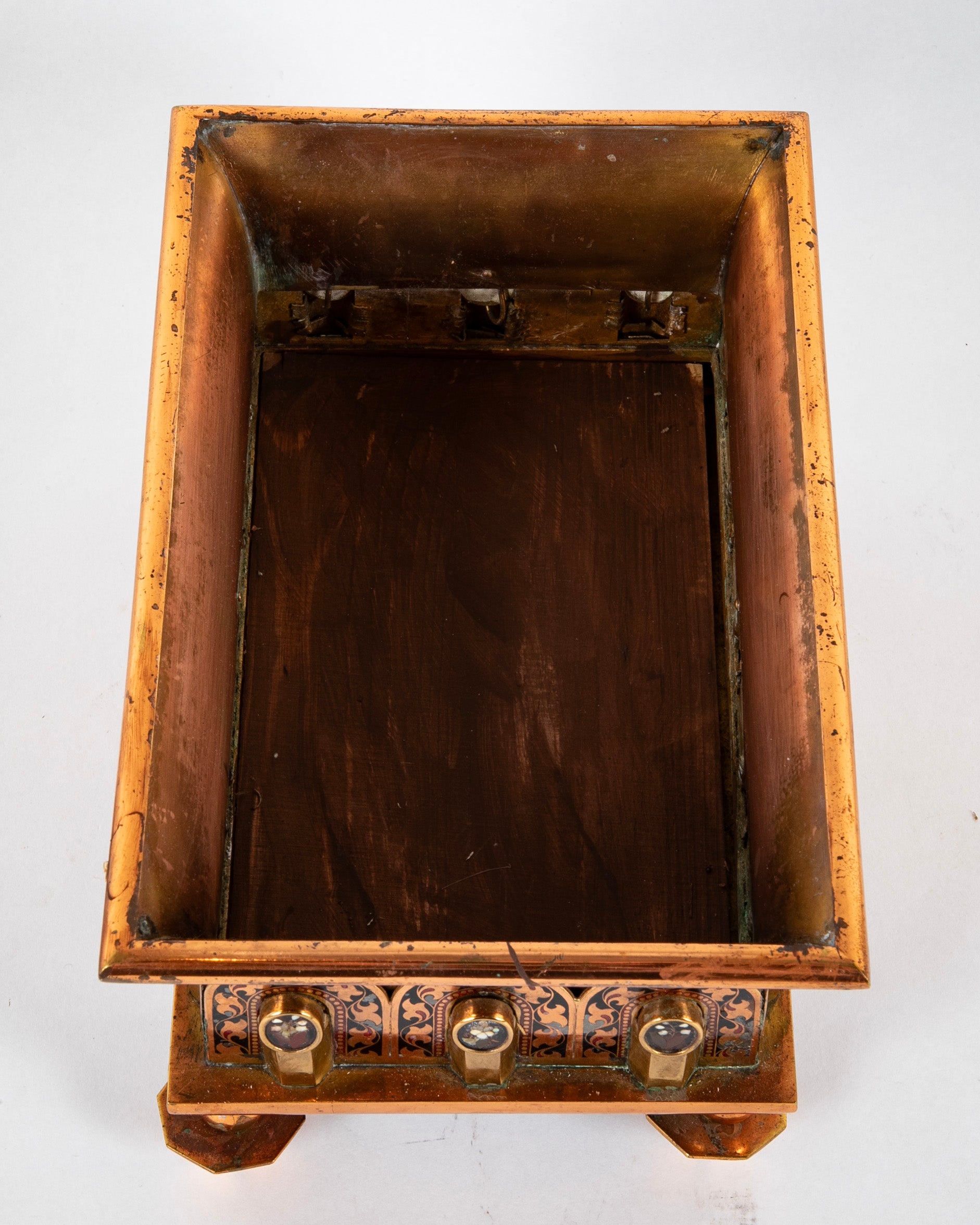 A Pair of Copper & Brass Cachepots with Pietra Dura Medallions