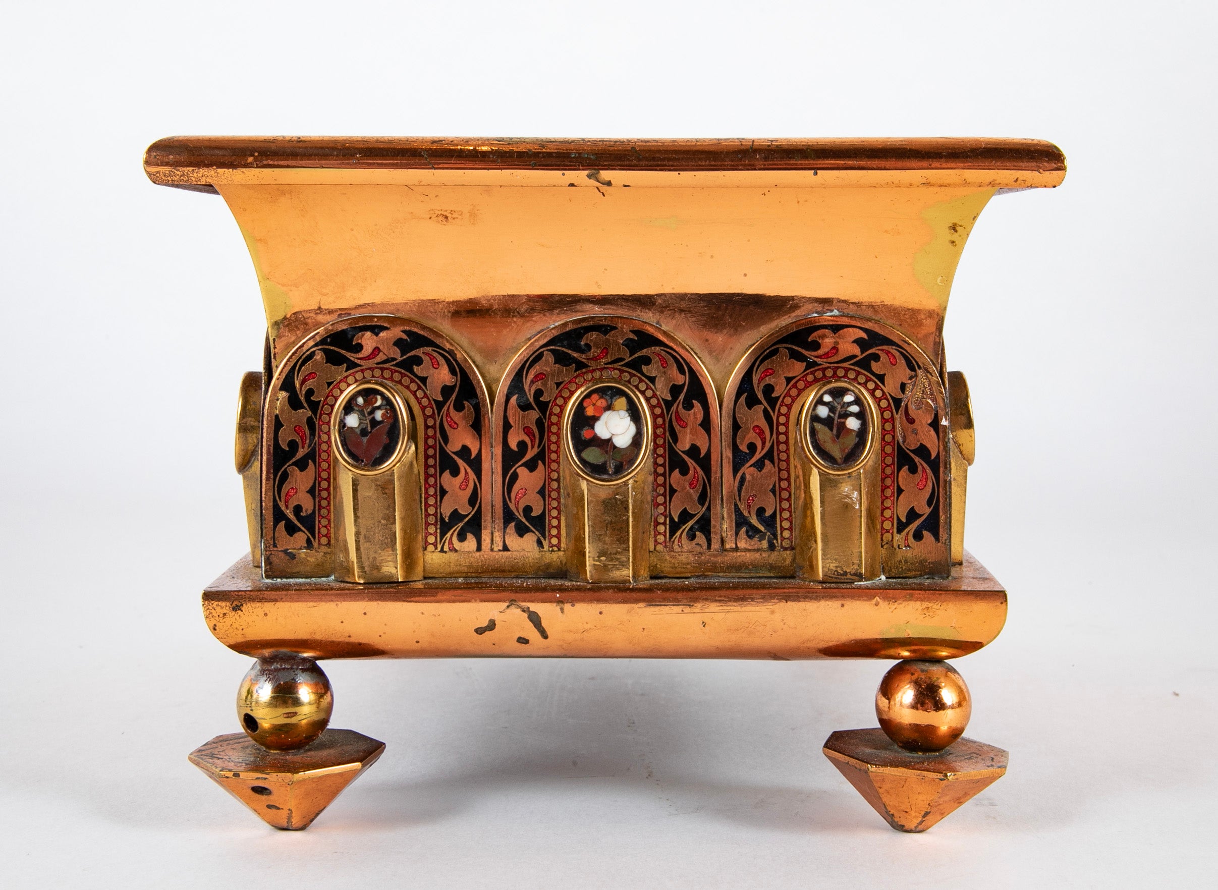 A Pair of Copper & Brass Cachepots with Pietra Dura Medallions