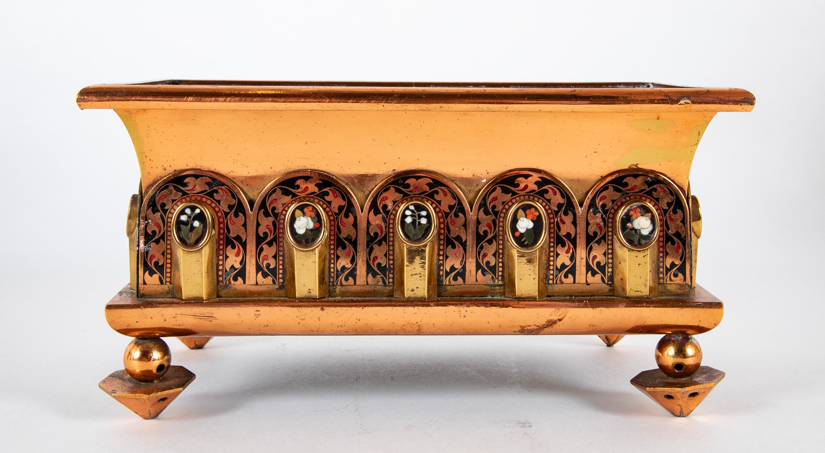 A Pair of Copper & Brass Cachepots with Pietra Dura Medallions