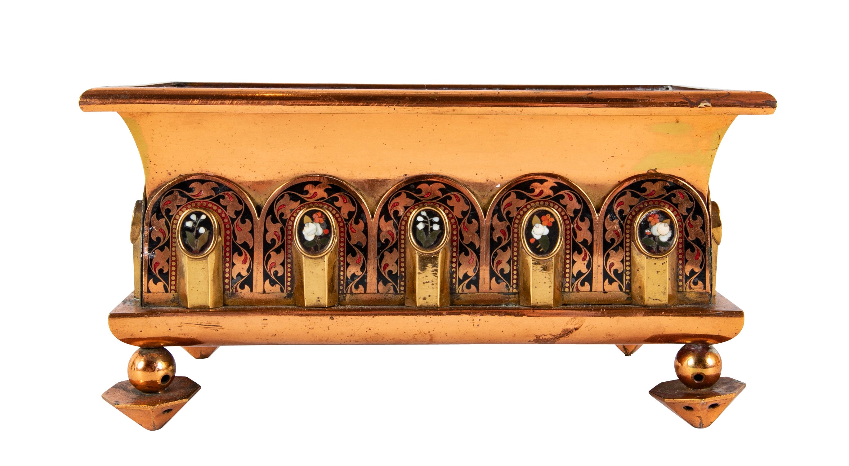 A Pair of Copper & Brass Cachepots with Pietra Dura Medallions