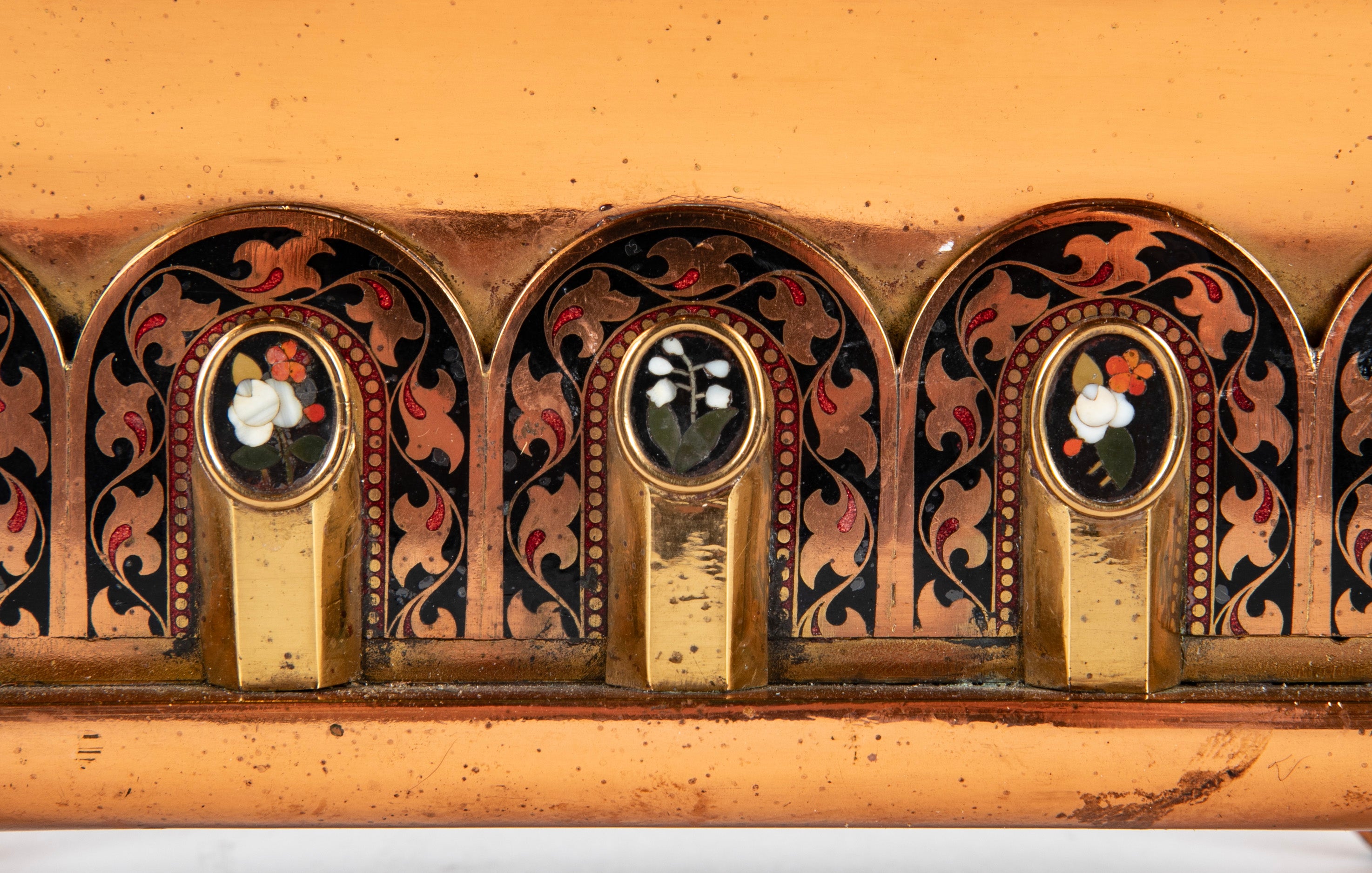 A Pair of Copper & Brass Cachepots with Pietra Dura Medallions