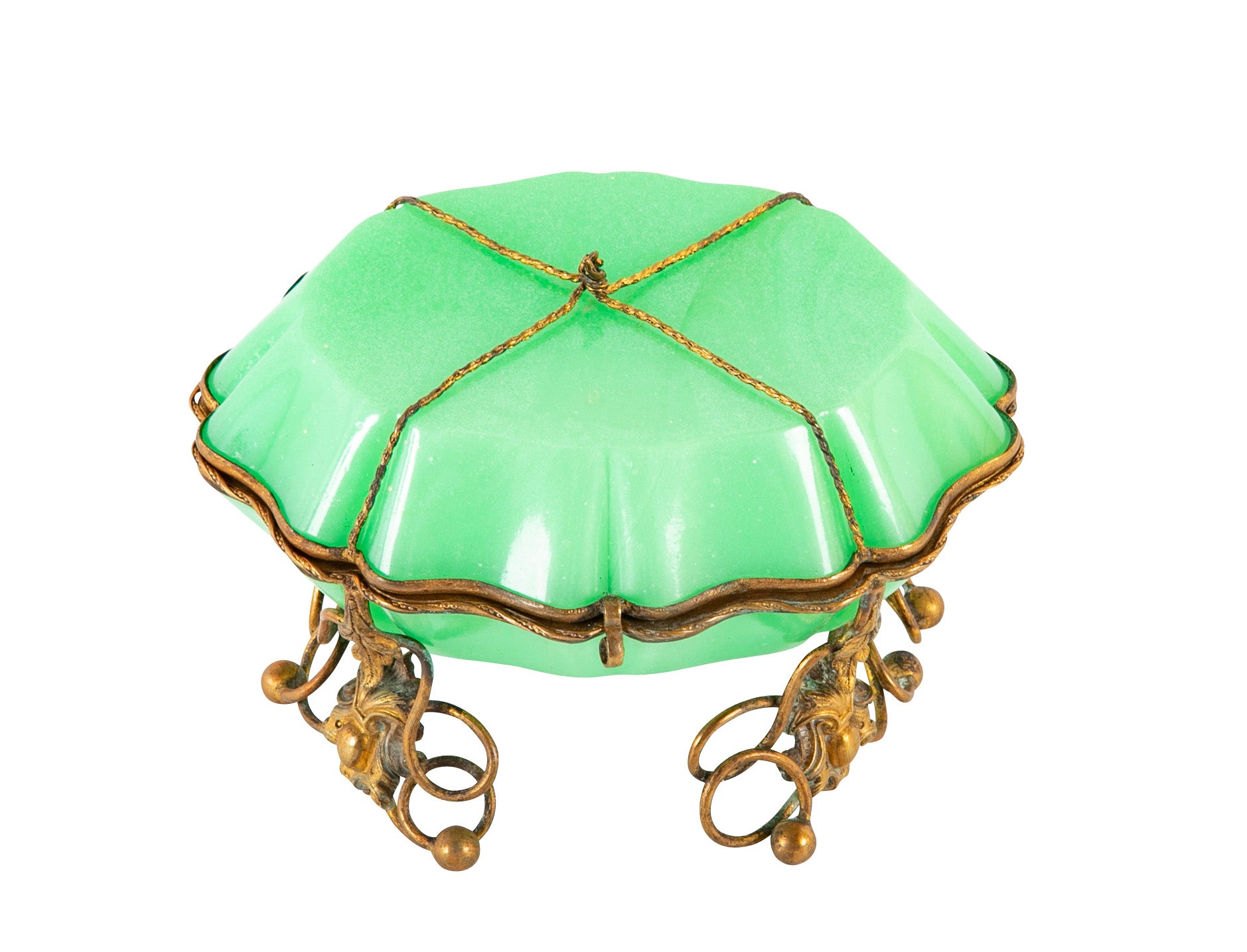 Antique French Opaline Glass Box of Rare Shape & Mounts