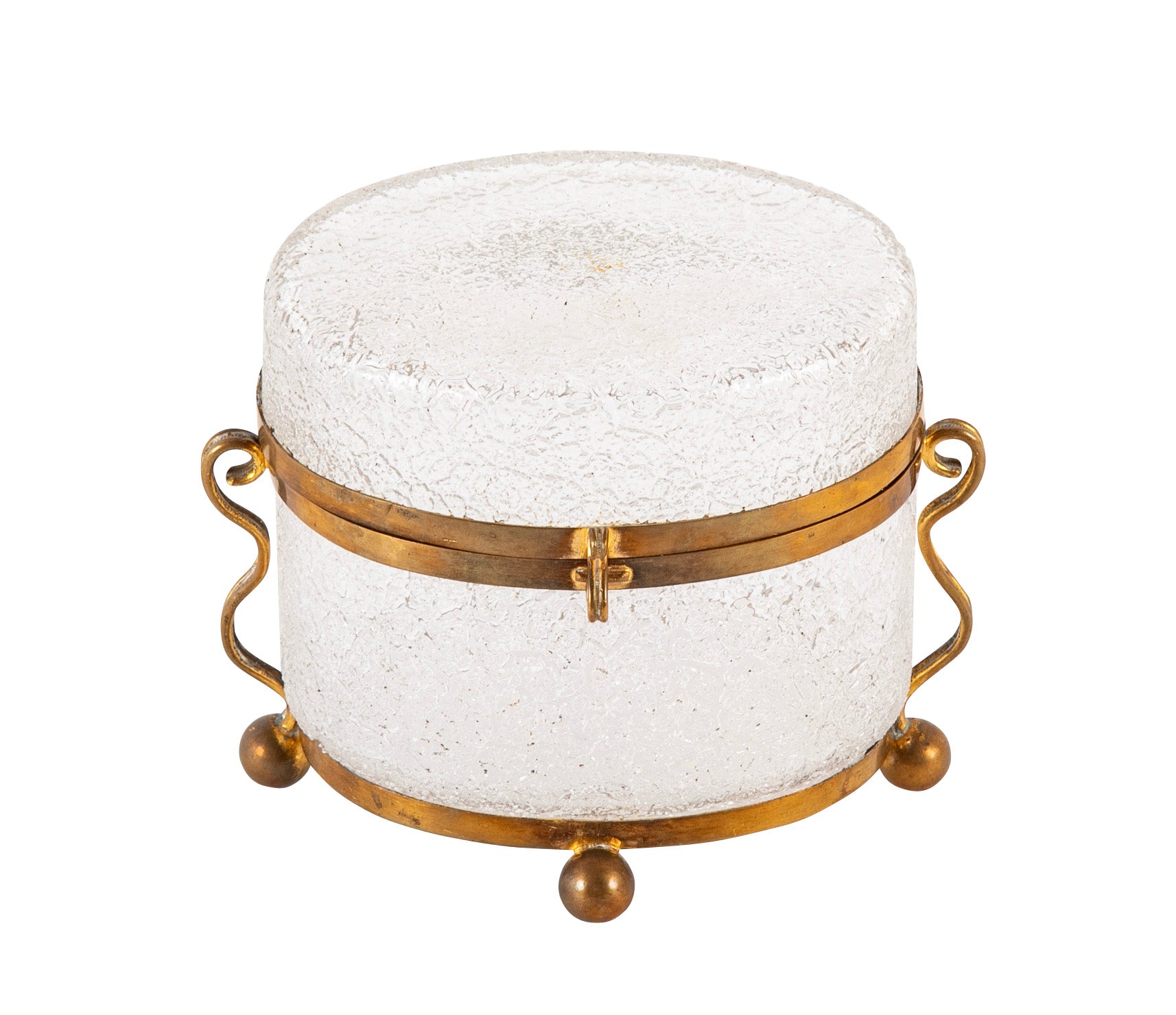 A Clear Crackle Glass Box with Brass Mounts and Feet