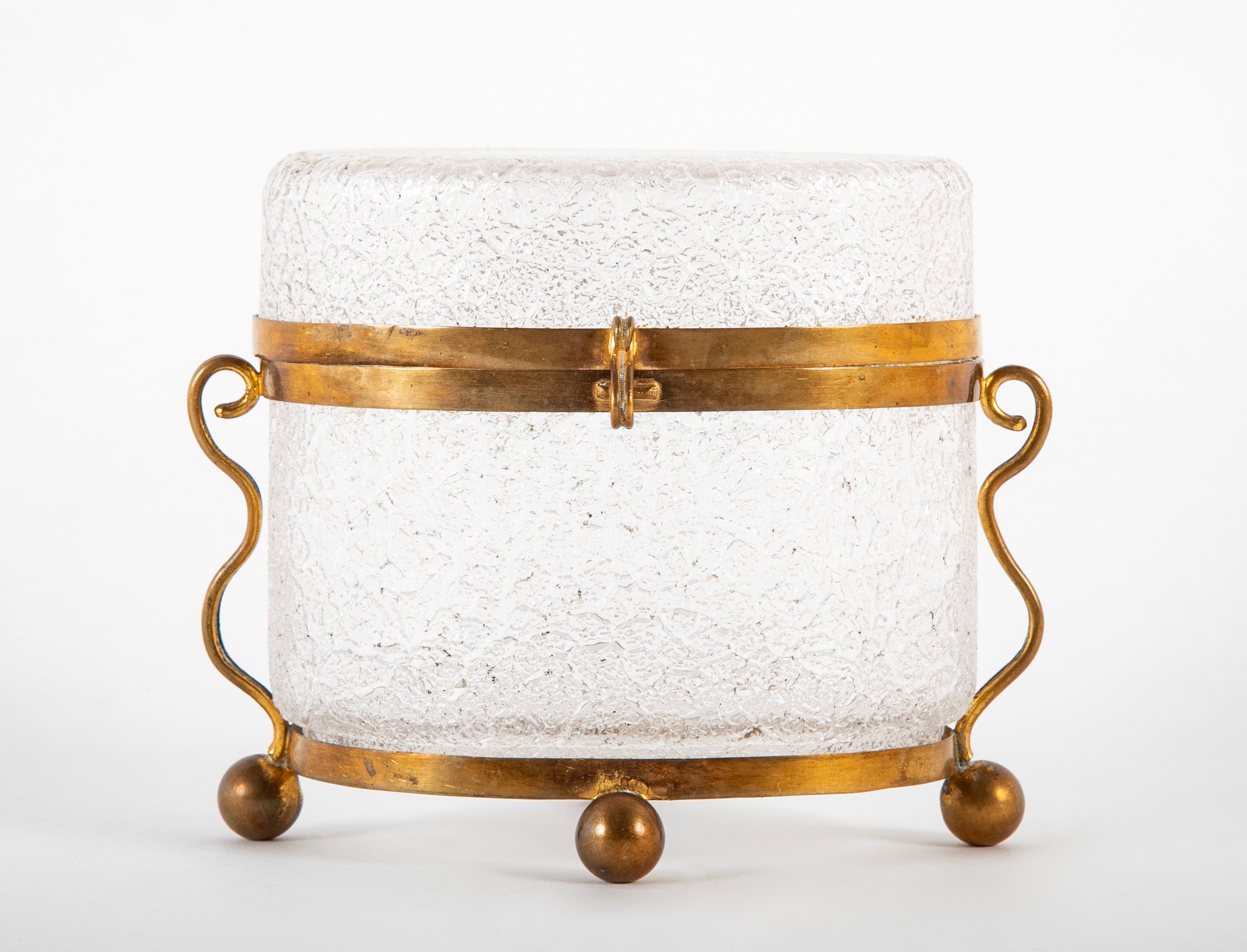 A Clear Crackle Glass Box with Brass Mounts and Feet