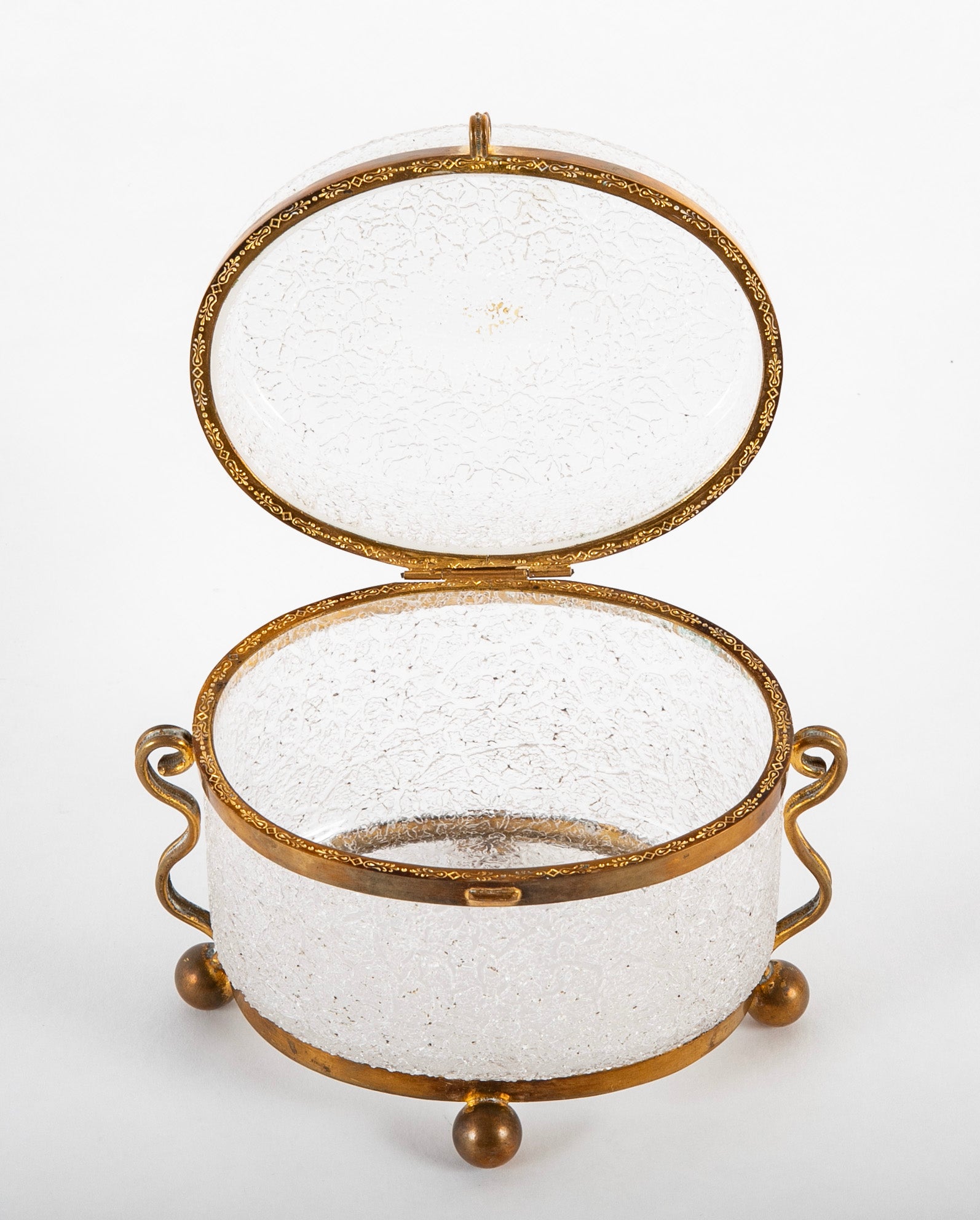 A Clear Crackle Glass Box with Brass Mounts and Feet