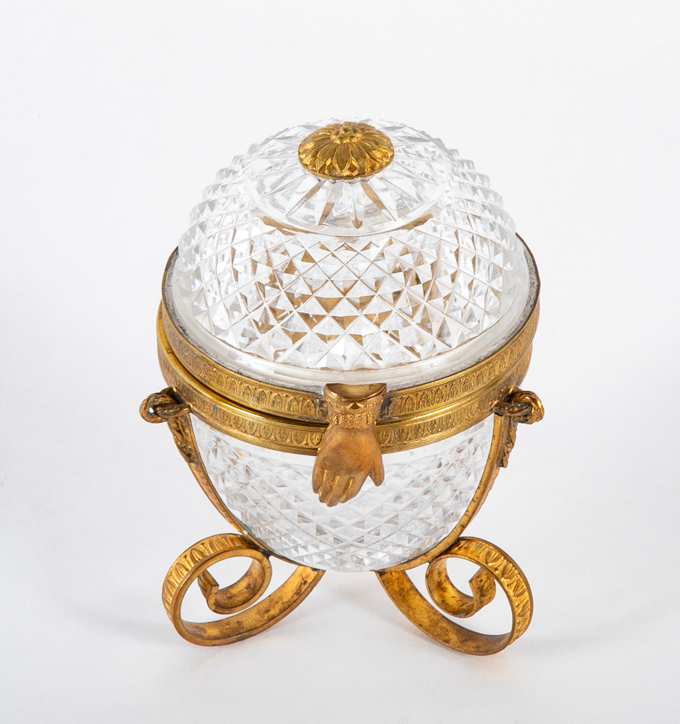 Antique Cut Crystal Box with Bronze Mounts & Bronze Hand as Closure