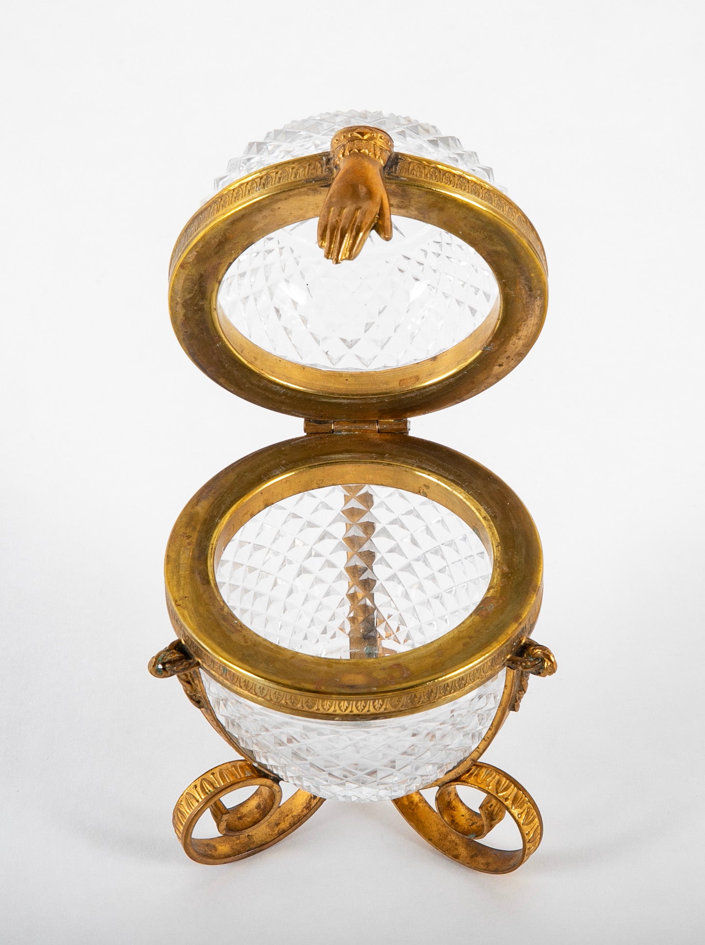 Antique Cut Crystal Box with Bronze Mounts & Bronze Hand as Closure