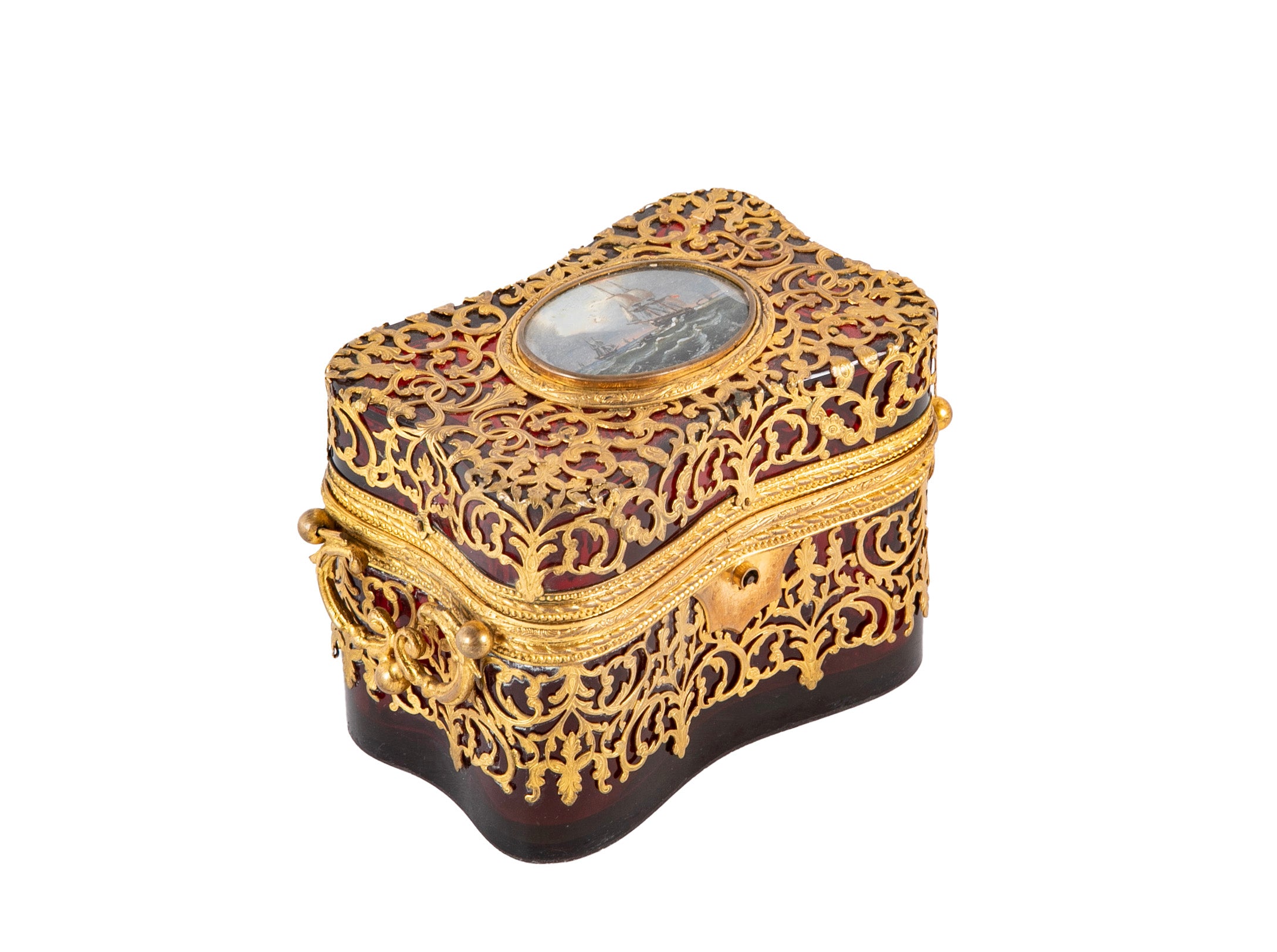 Antique Cranberry Glass Box with Eglomise Decoration