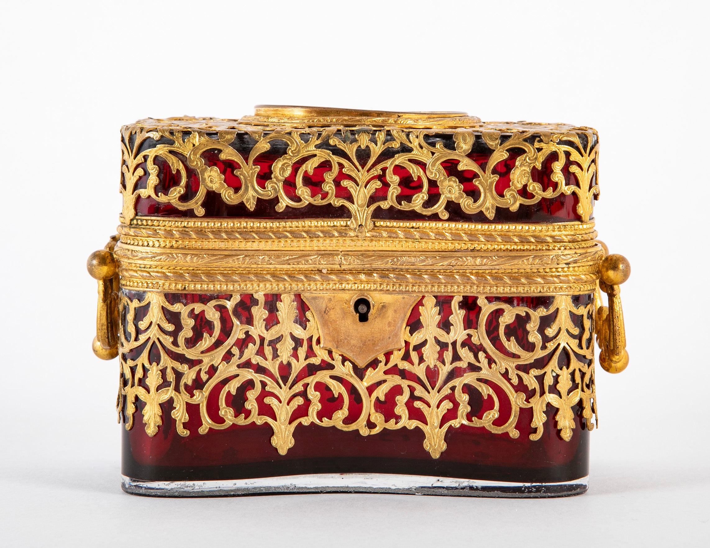 Antique Cranberry Glass Box with Eglomise Decoration