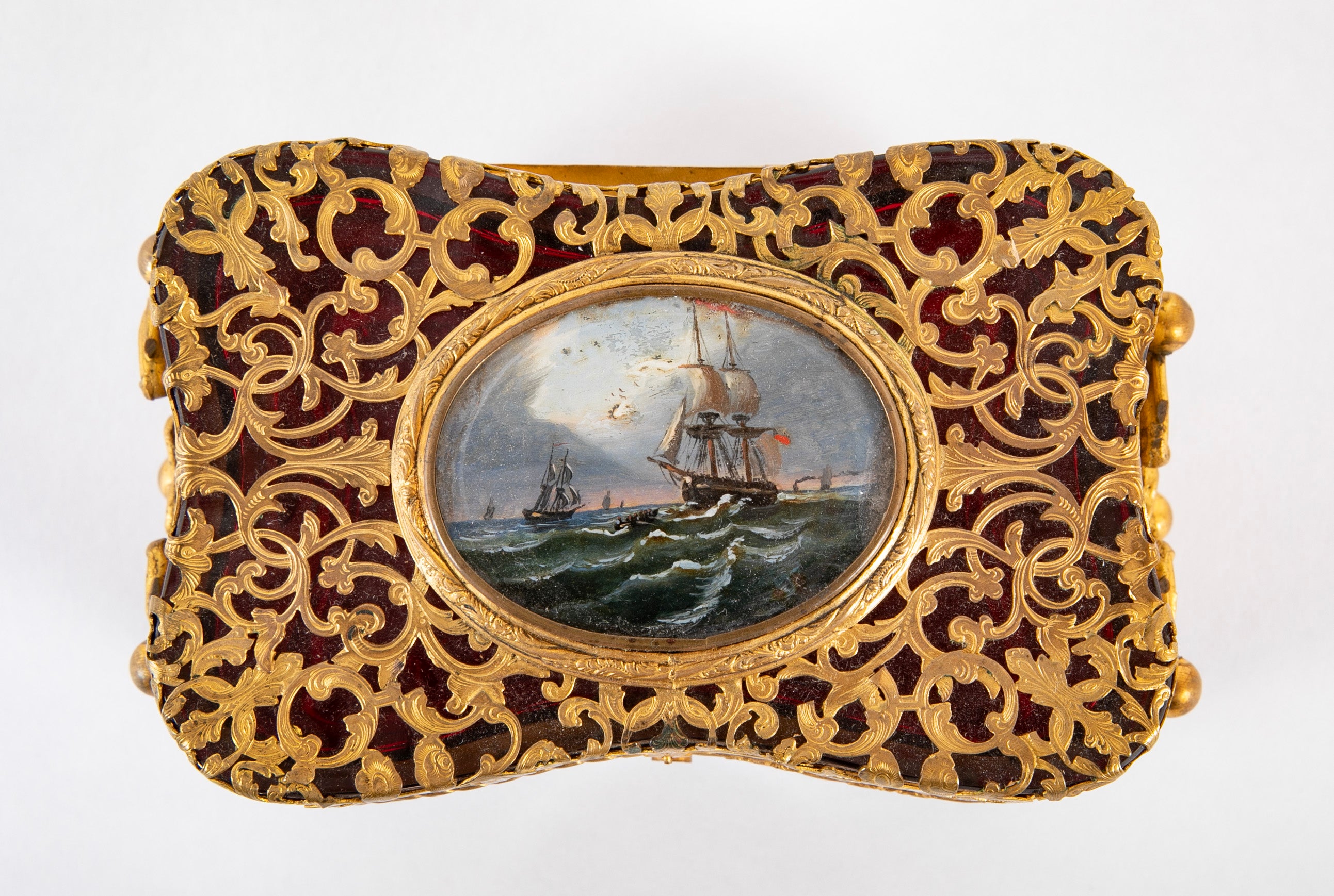 Antique Cranberry Glass Box with Eglomise Decoration