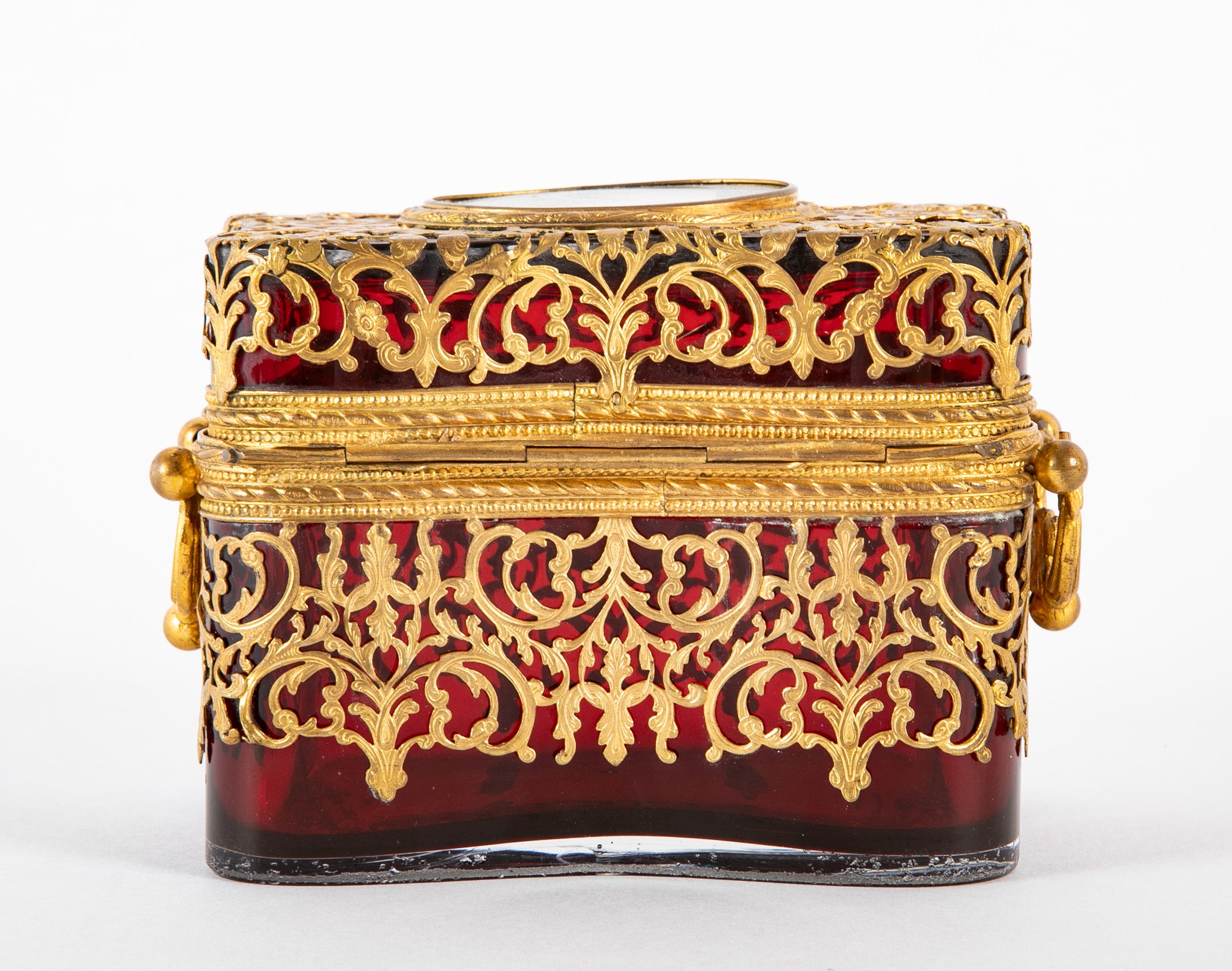 Antique Cranberry Glass Box with Eglomise Decoration