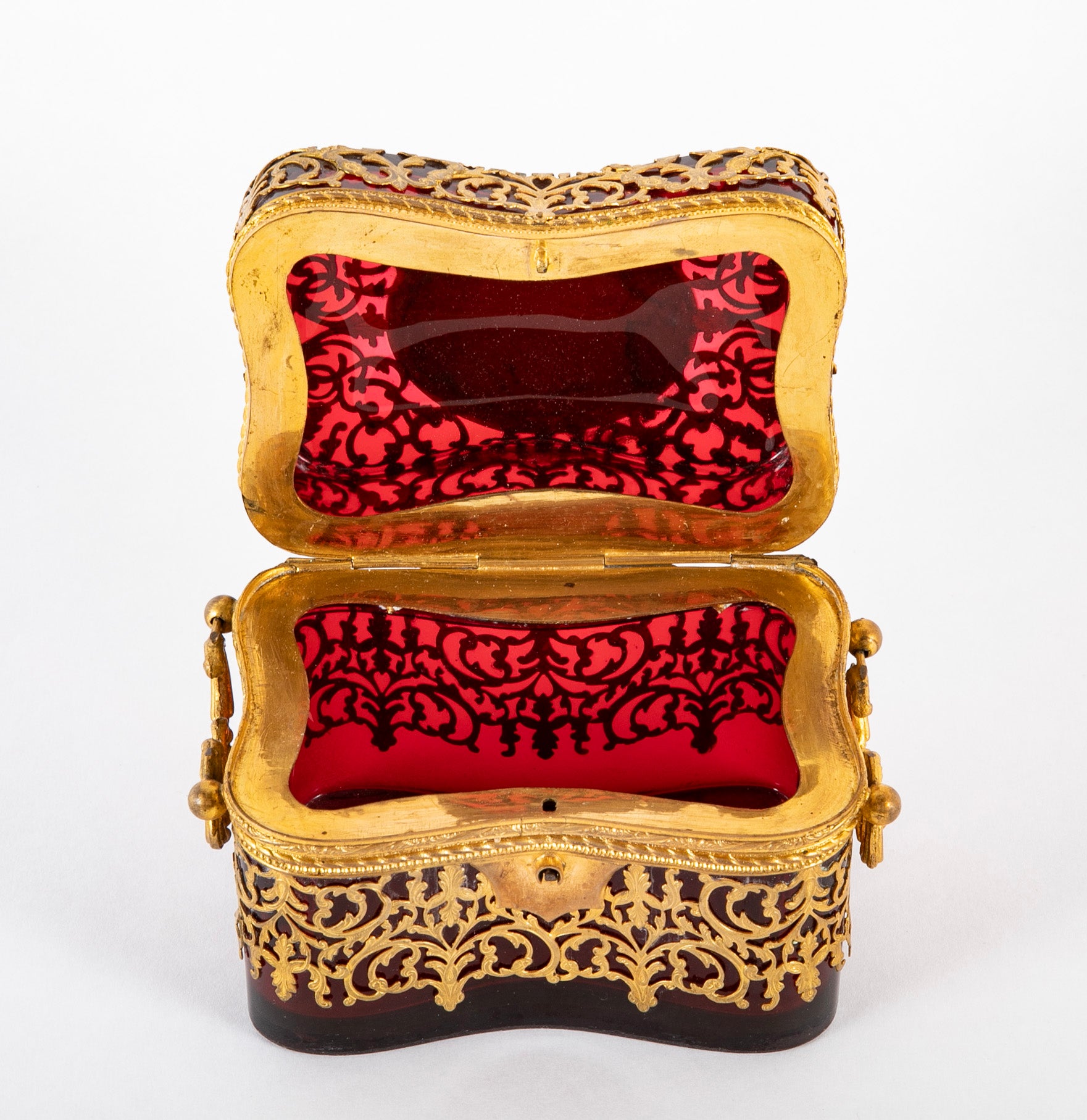 Antique Cranberry Glass Box with Eglomise Decoration