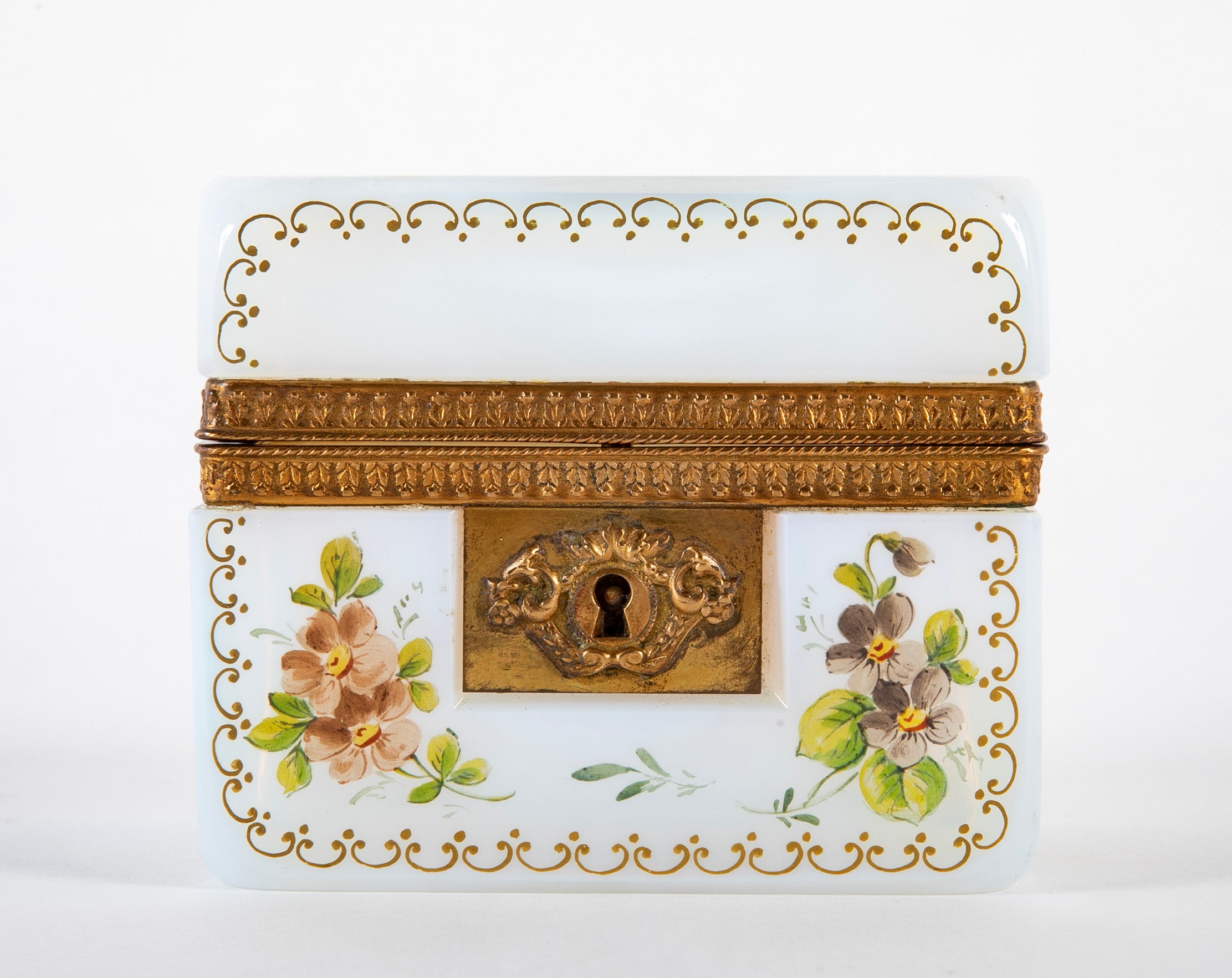 Antique French White Opaline Glass Box with Painted Floral Decoration