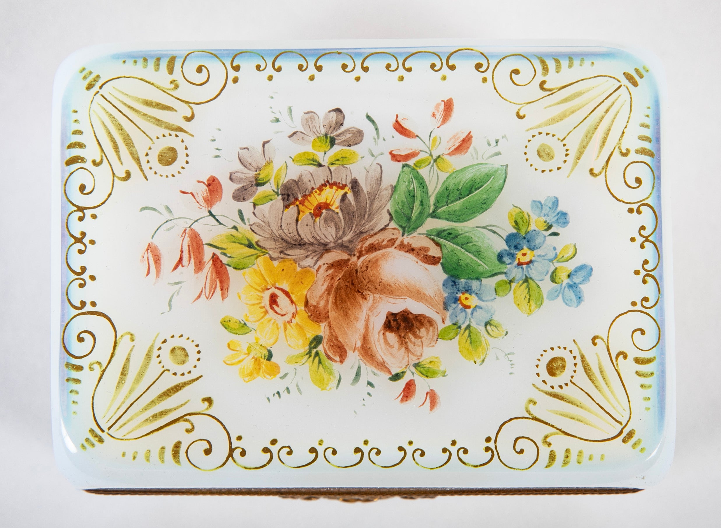 Antique French White Opaline Glass Box with Painted Floral Decoration