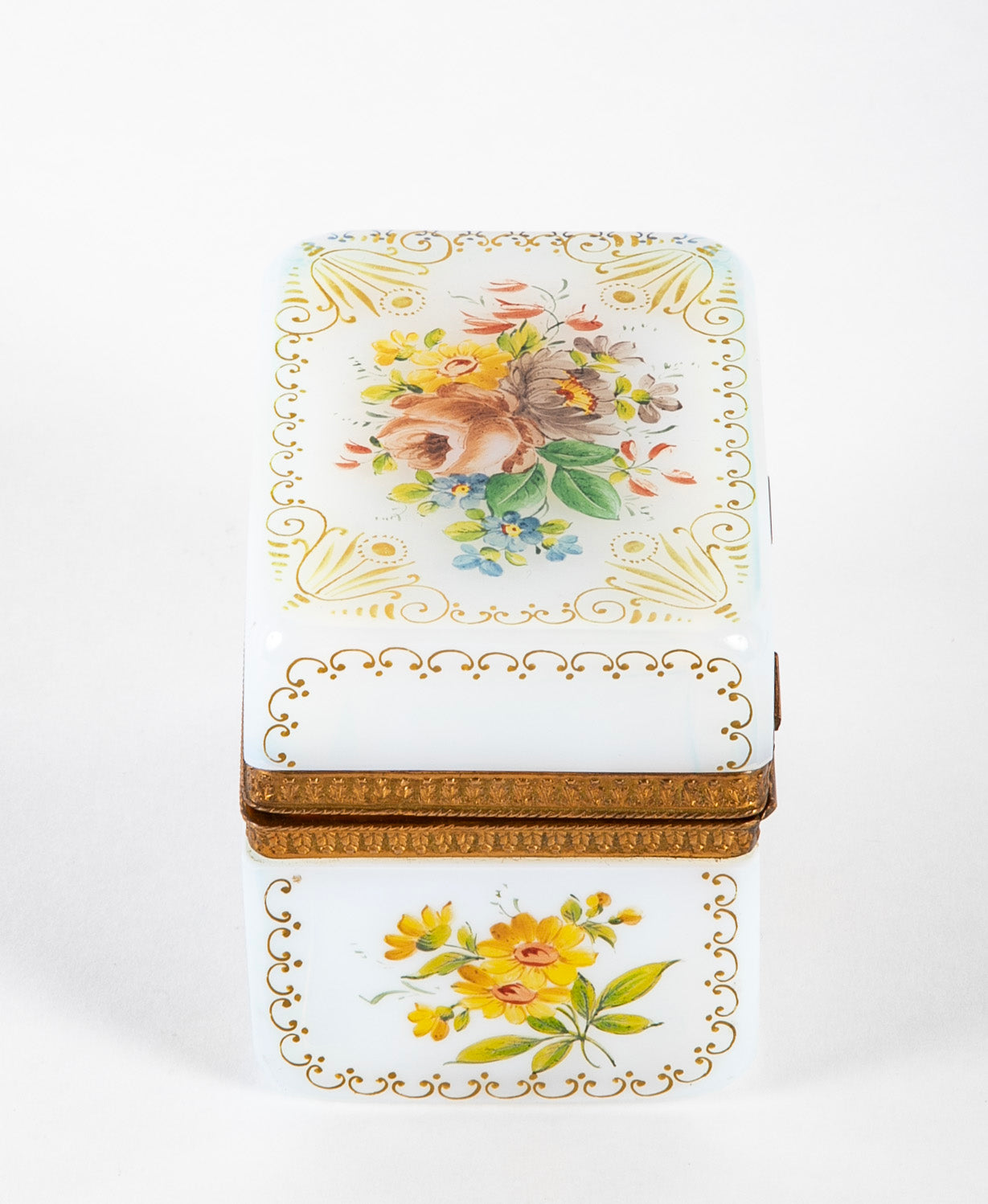Antique French White Opaline Glass Box with Painted Floral Decoration
