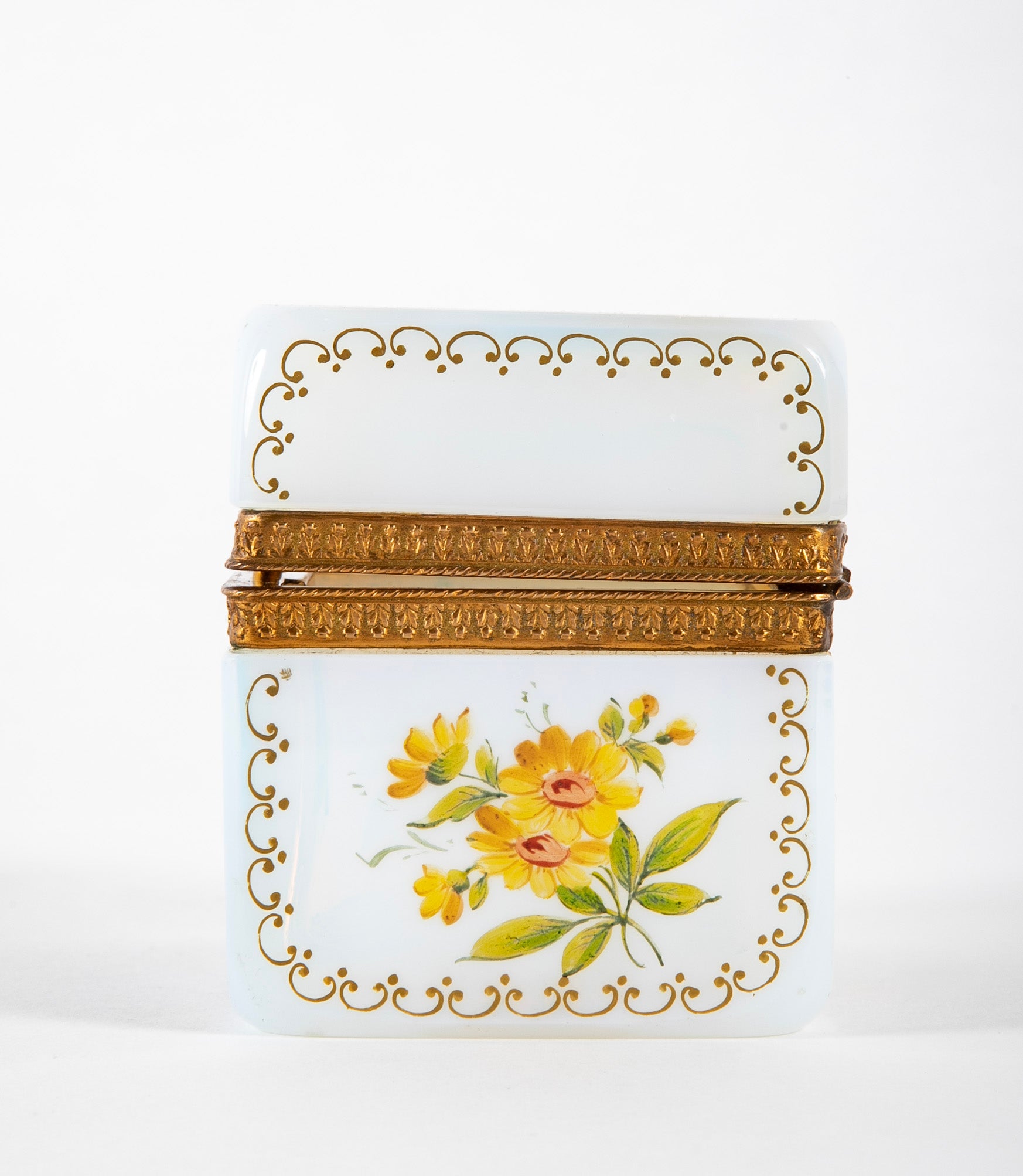 Antique French White Opaline Glass Box with Painted Floral Decoration