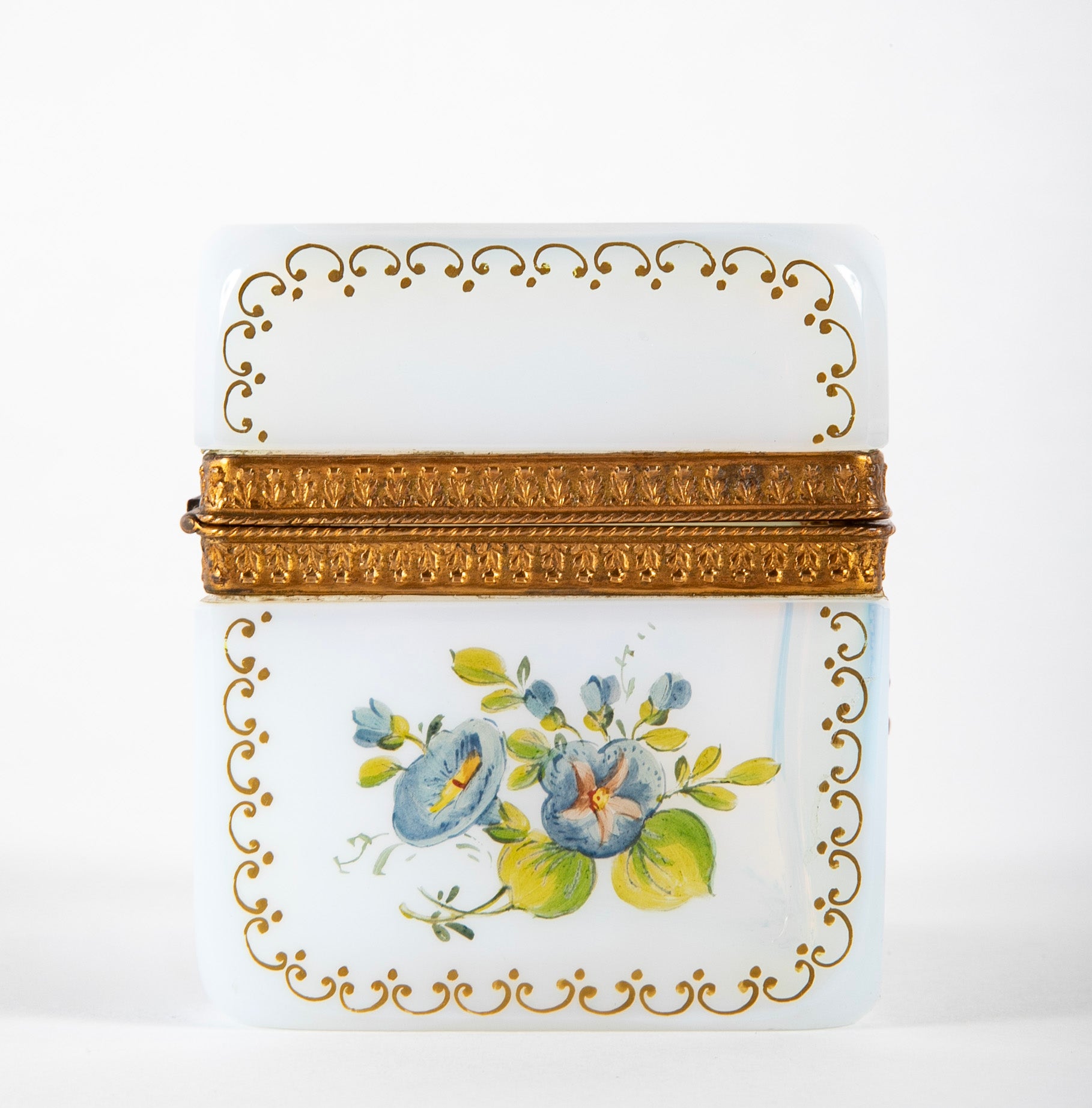 Antique French White Opaline Glass Box with Painted Floral Decoration