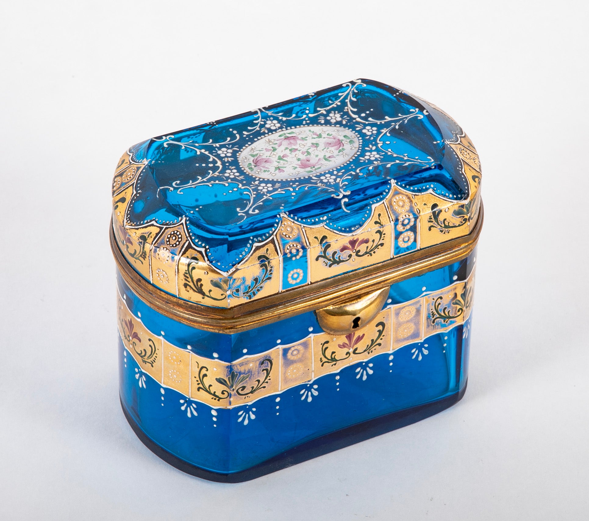 A Blue Bohemian Hand Painted & Gilded Glass Box