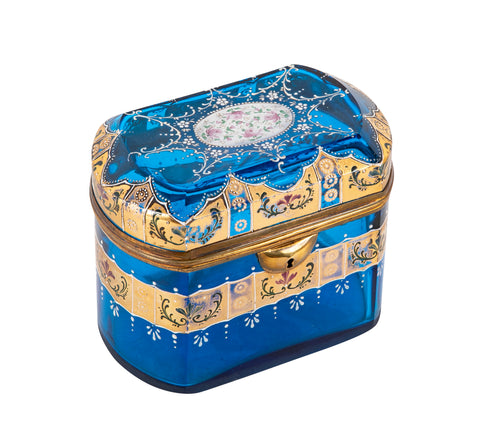 A Blue Bohemian Hand Painted & Gilded Glass Box
