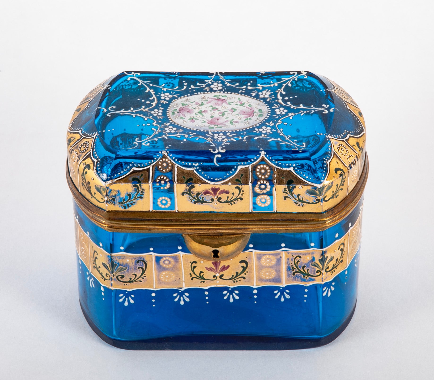 A Blue Bohemian Hand Painted & Gilded Glass Box