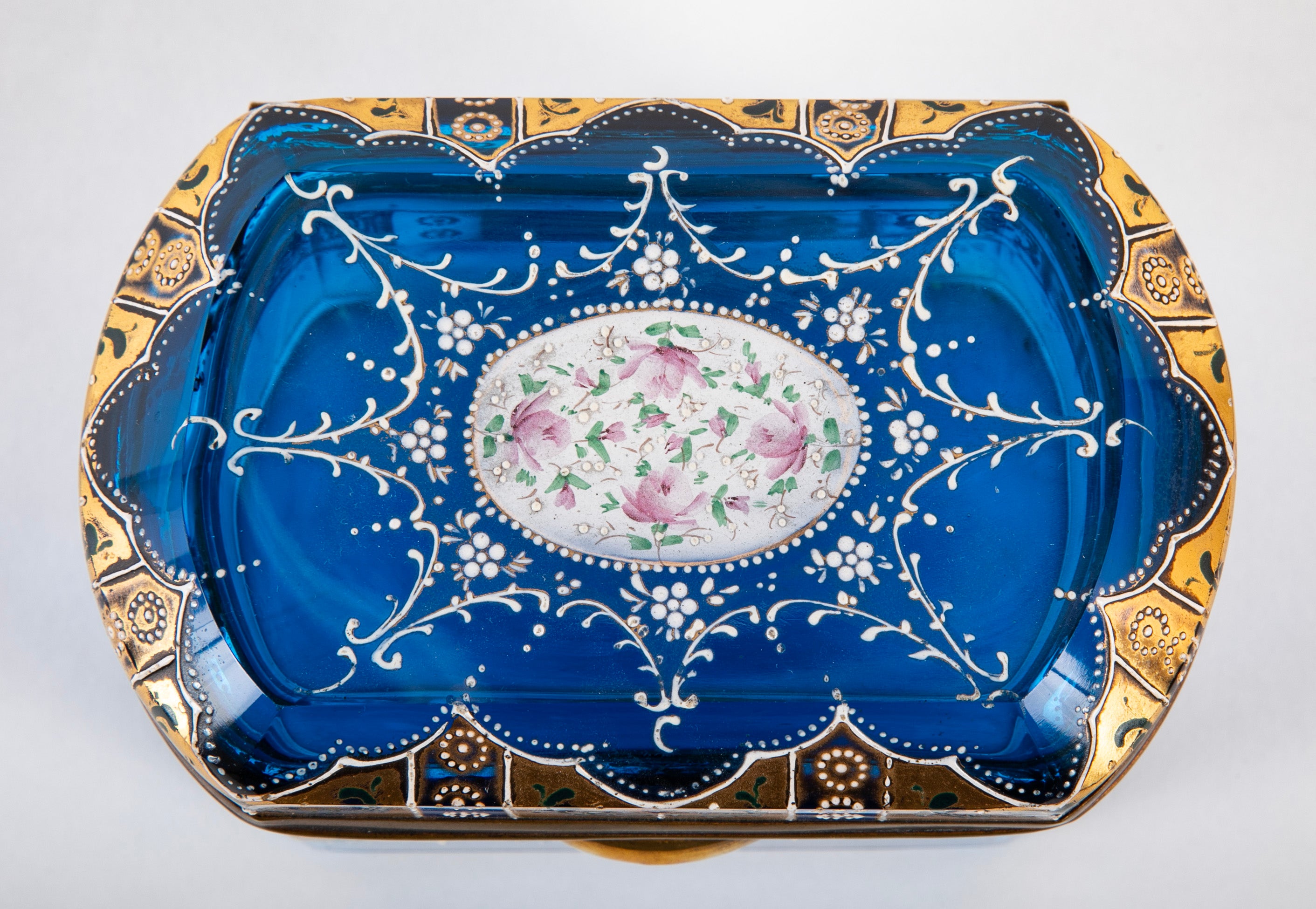 A Blue Bohemian Hand Painted & Gilded Glass Box