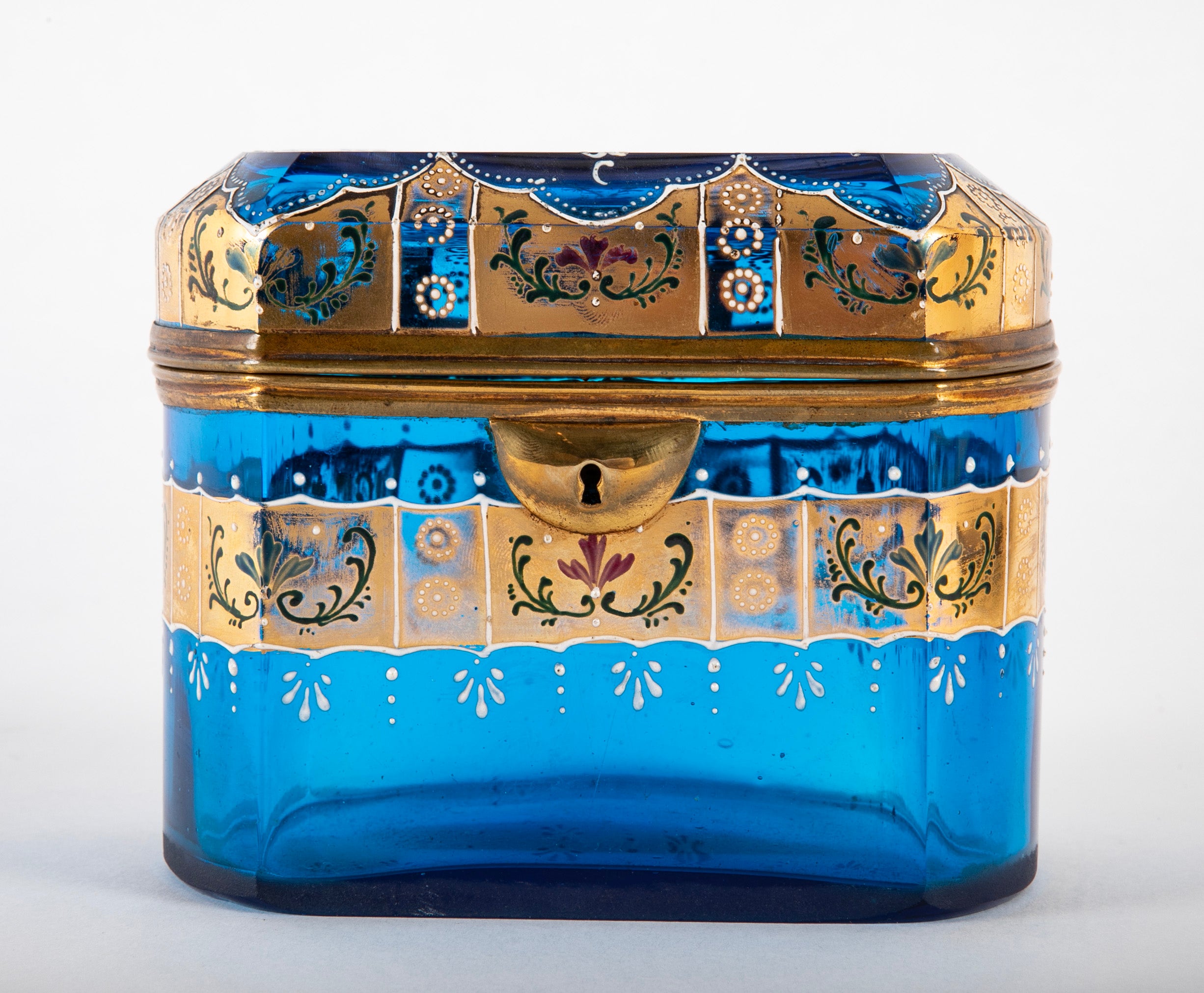 A Blue Bohemian Hand Painted & Gilded Glass Box