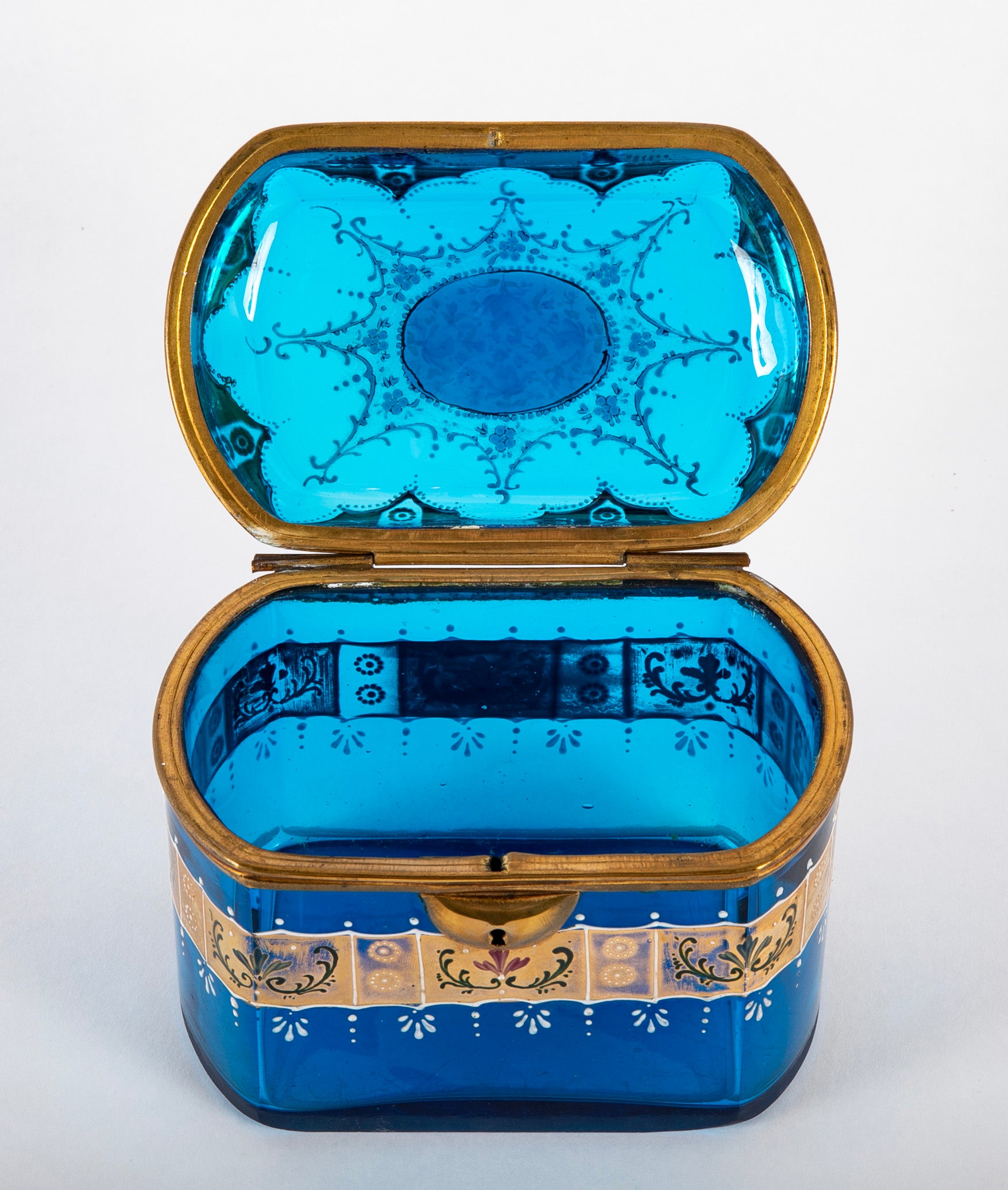 A Blue Bohemian Hand Painted & Gilded Glass Box