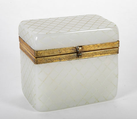 French White Opaline Glass Box with Criss Cross Design in Glass