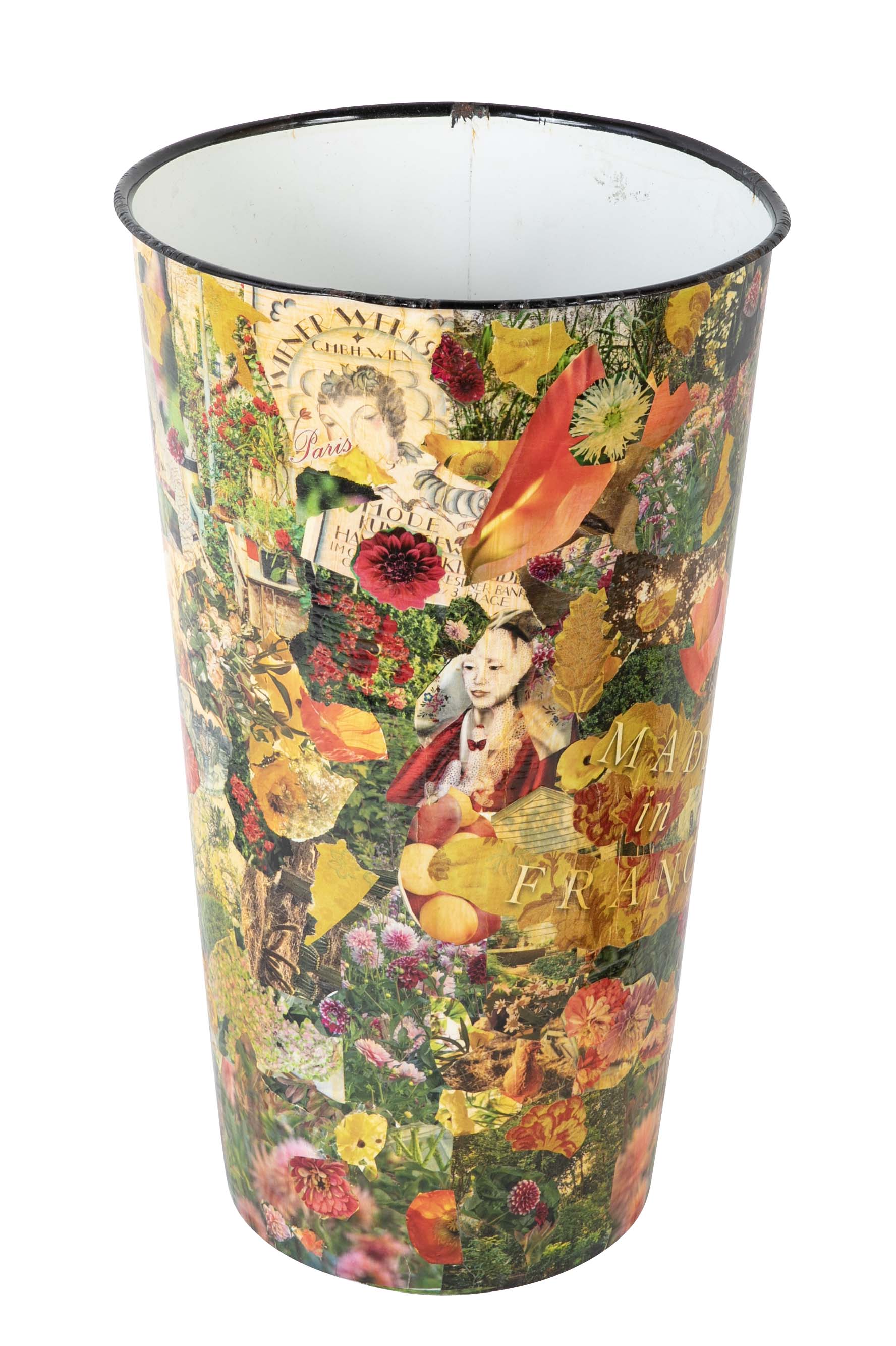 A French Enamel White Tin with Decoupage Decoration