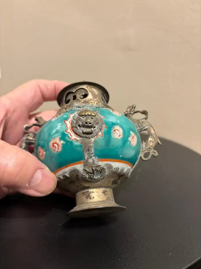 Chinese Qing Glazed Ceramic with Metal Mounts, Monkey, Frogs, Phoenix, Dragons