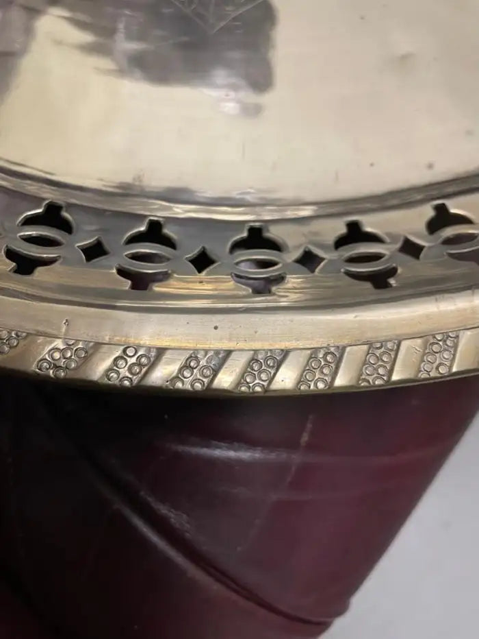 Chinese Export Brass Charger with Fretwork Border and Etched Decoration, Signed