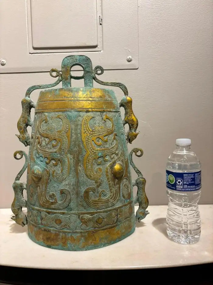 Archaistic Zhou Dynasty Style Gilt Bronze Bell with Verdigris Patina